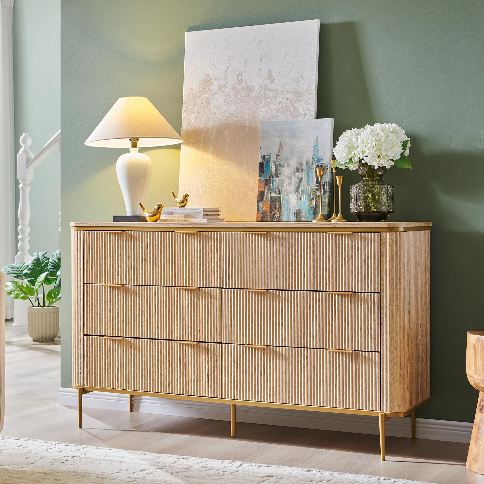 6-Drawer Dresser with Fluted Design and Gold Accents