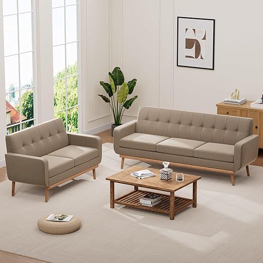 Button Tufted Living Room Set - 3 Piece Upholstered Sofa Collection