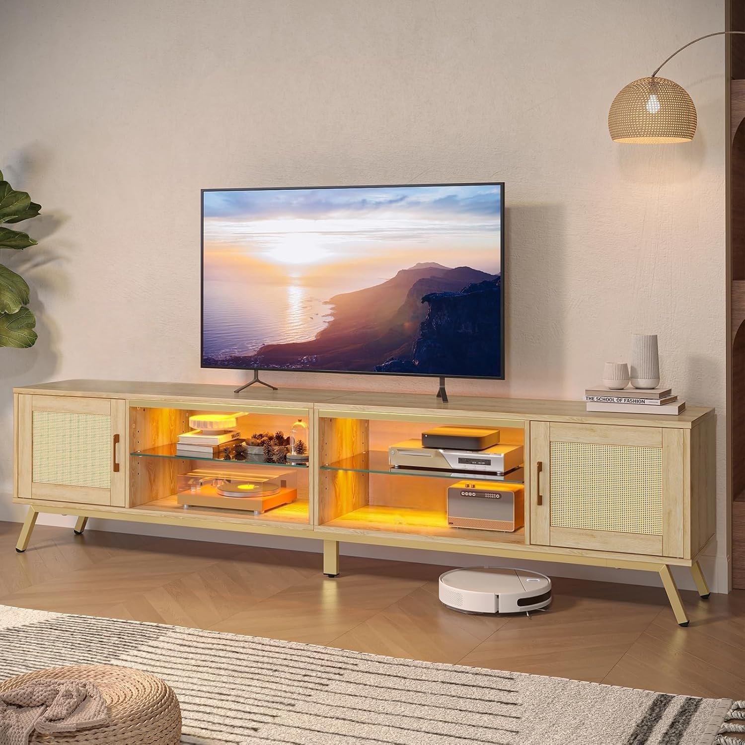 80 Inch Rattan TV Stand with LED Lights and Storage