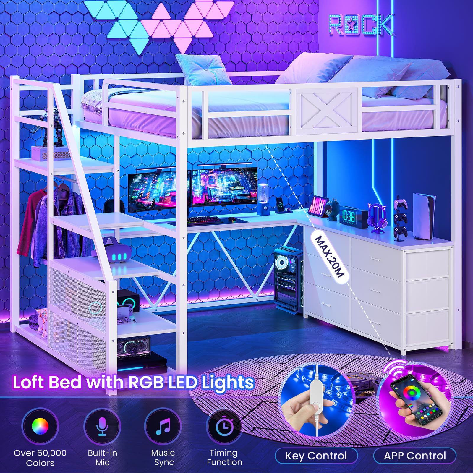 Itaar Full Size Loft Bed with Desk and Storage Stairs, Metal Loft Bed with 6 Storage Drawers, Hall Tree, LED Lights and Power Outlet, for Kids, Teens, Adults, White