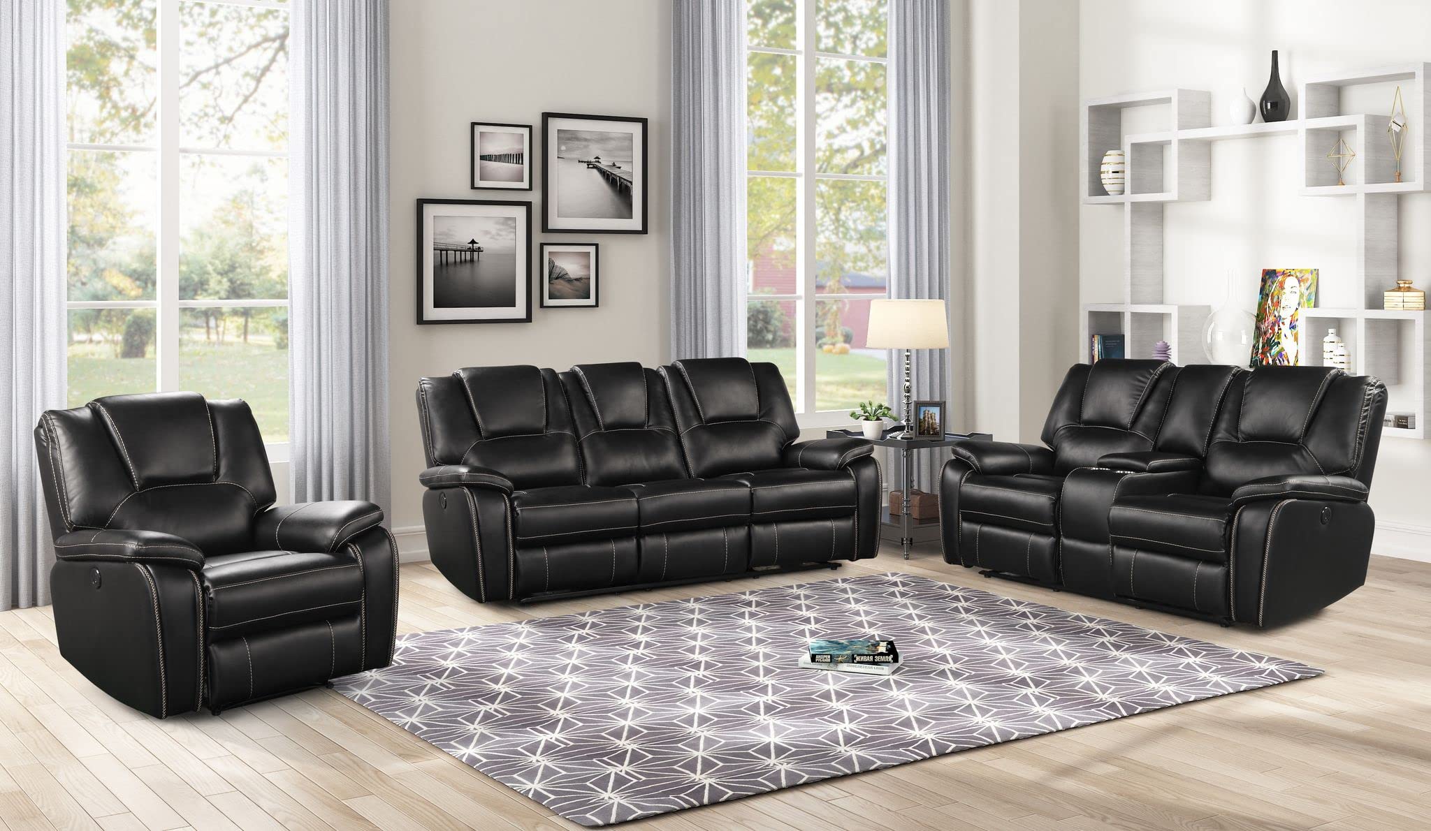 Senytoes 3 PC Living Room Couch Set,Bonded Leather Lounge Chair Loveseat Reclining Couch Recliner Sofa Sets,Black