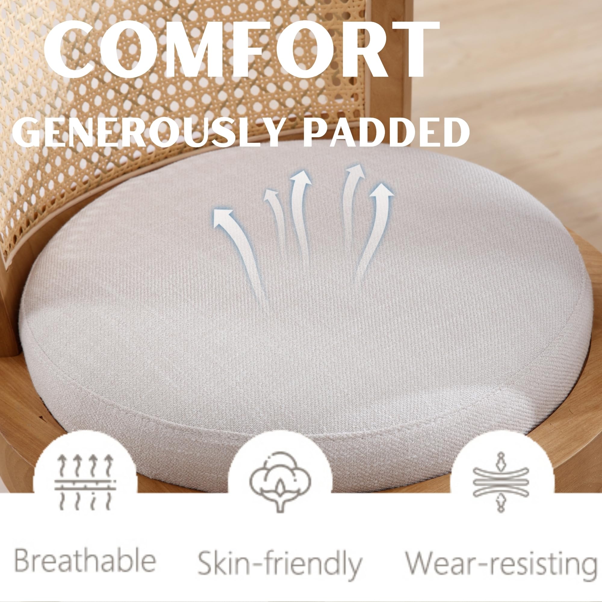 Rattan Dining Chairs Set of 4 with Beige Linen Upholstery