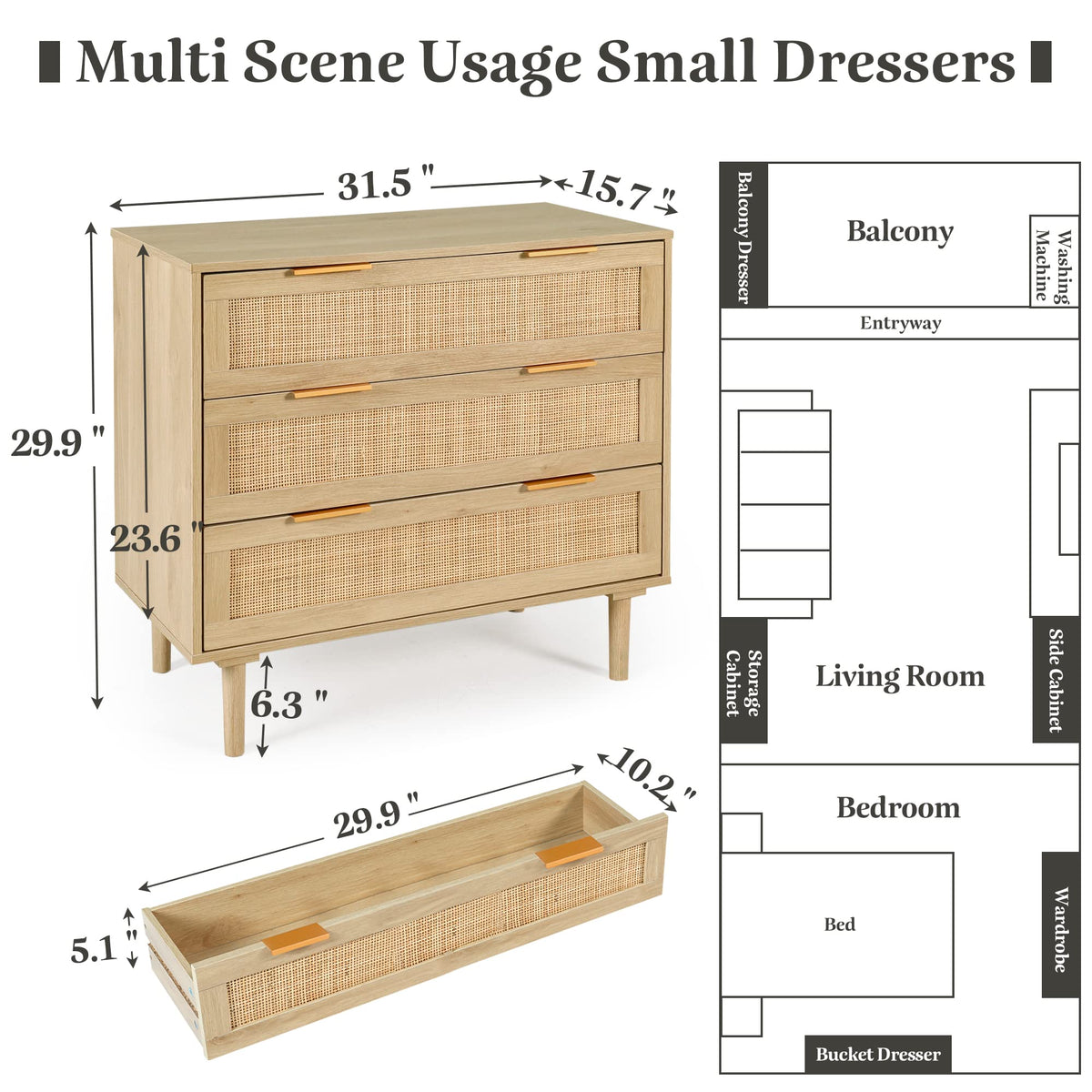 3 Drawer Rattan Dresser with Wood Oak Storage