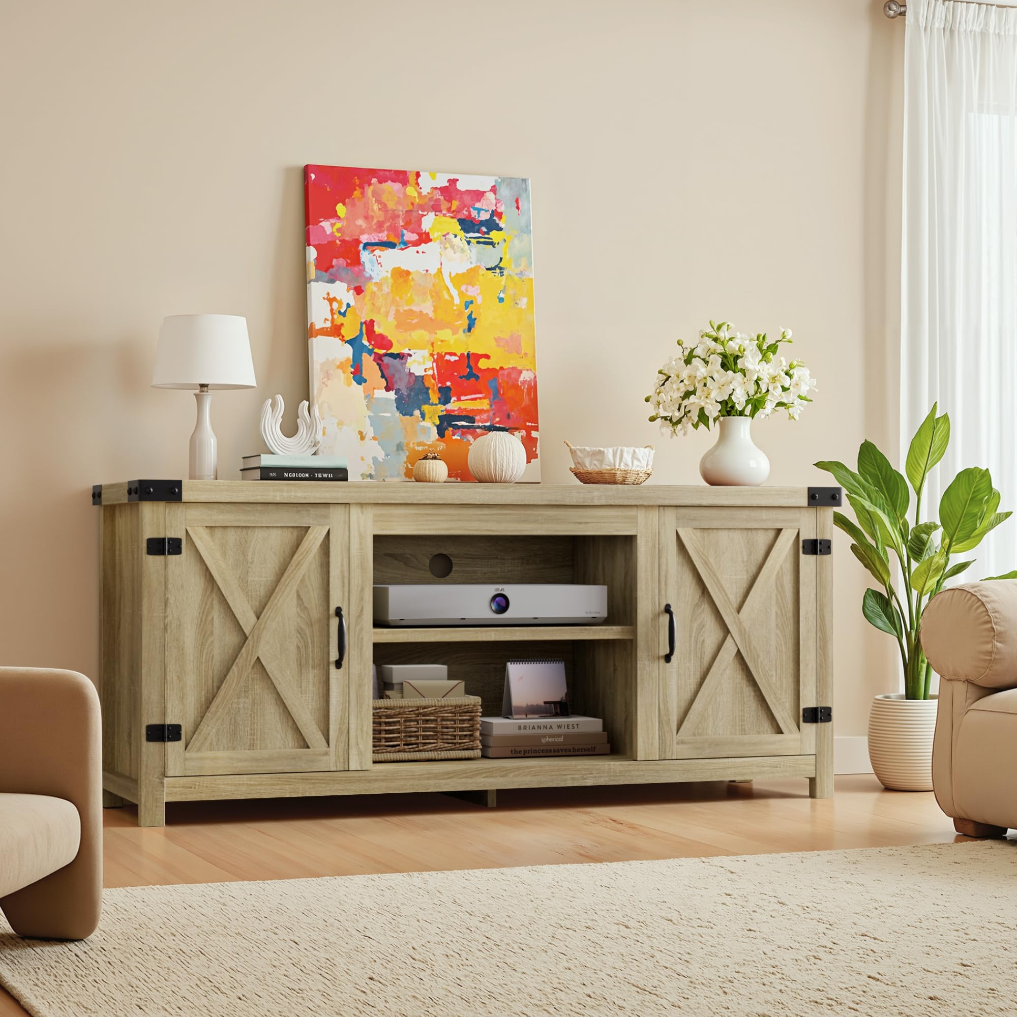 Modern Farmhouse TV Stand with Barn Doors for 65+ Inch TVs