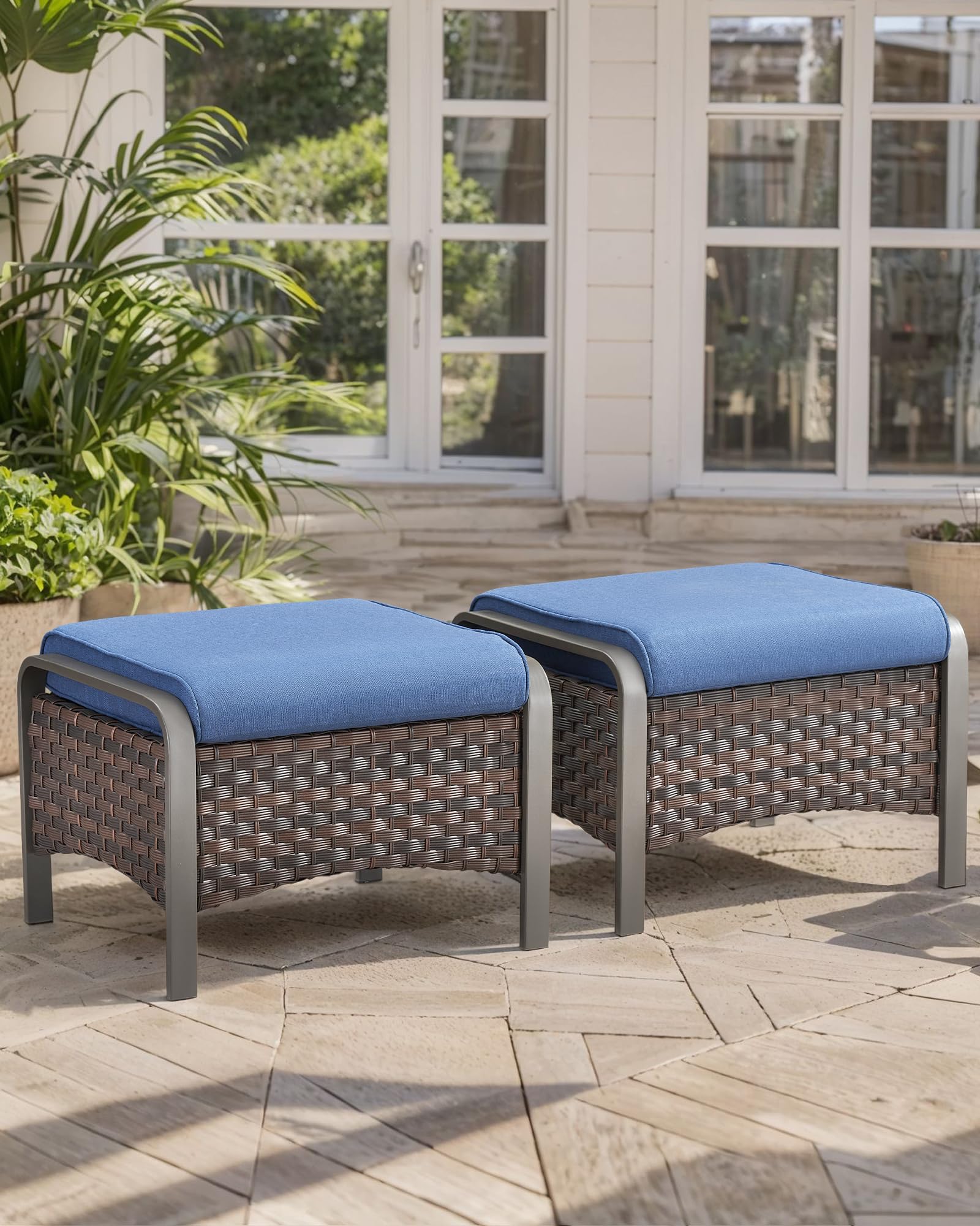Outdoor Wicker Ottomans with Removable Cushions
