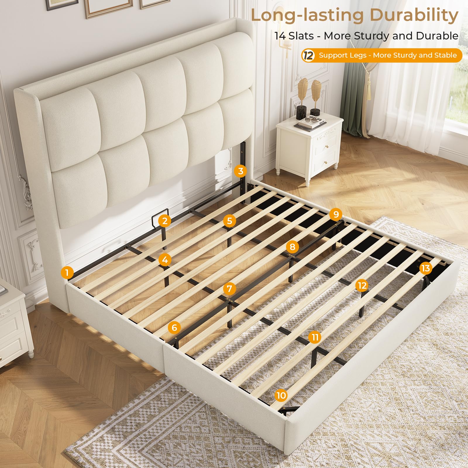 King Size Upholstered Platform Bed Frame with Tall Wingback Headboard