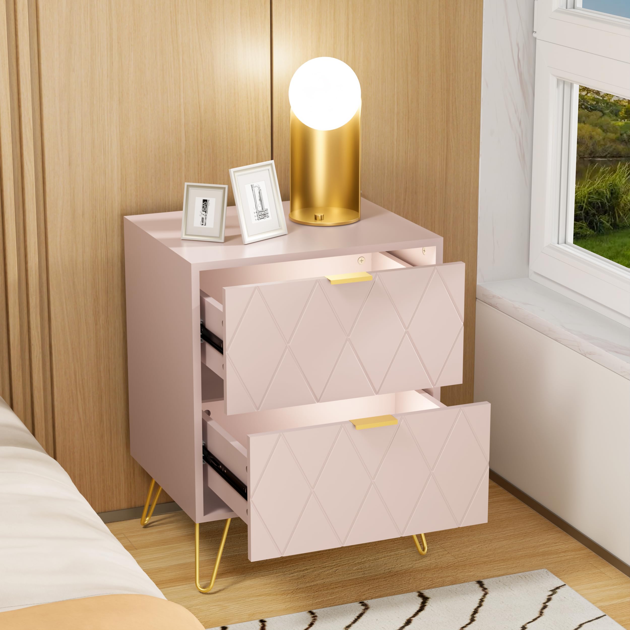 Pink Nightstand Set of 2 with 2 Drawers and Gold Legs