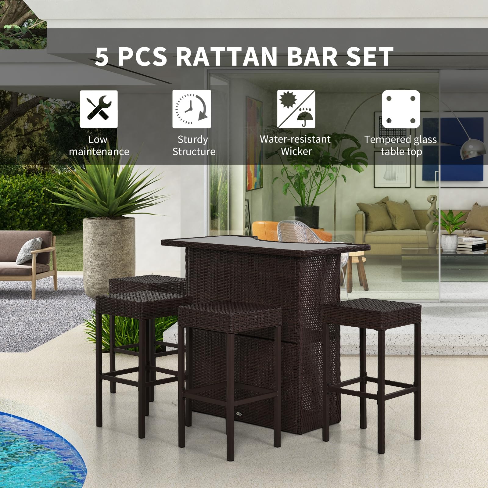 5-Piece Rattan Wicker Bar Set with Glass Top