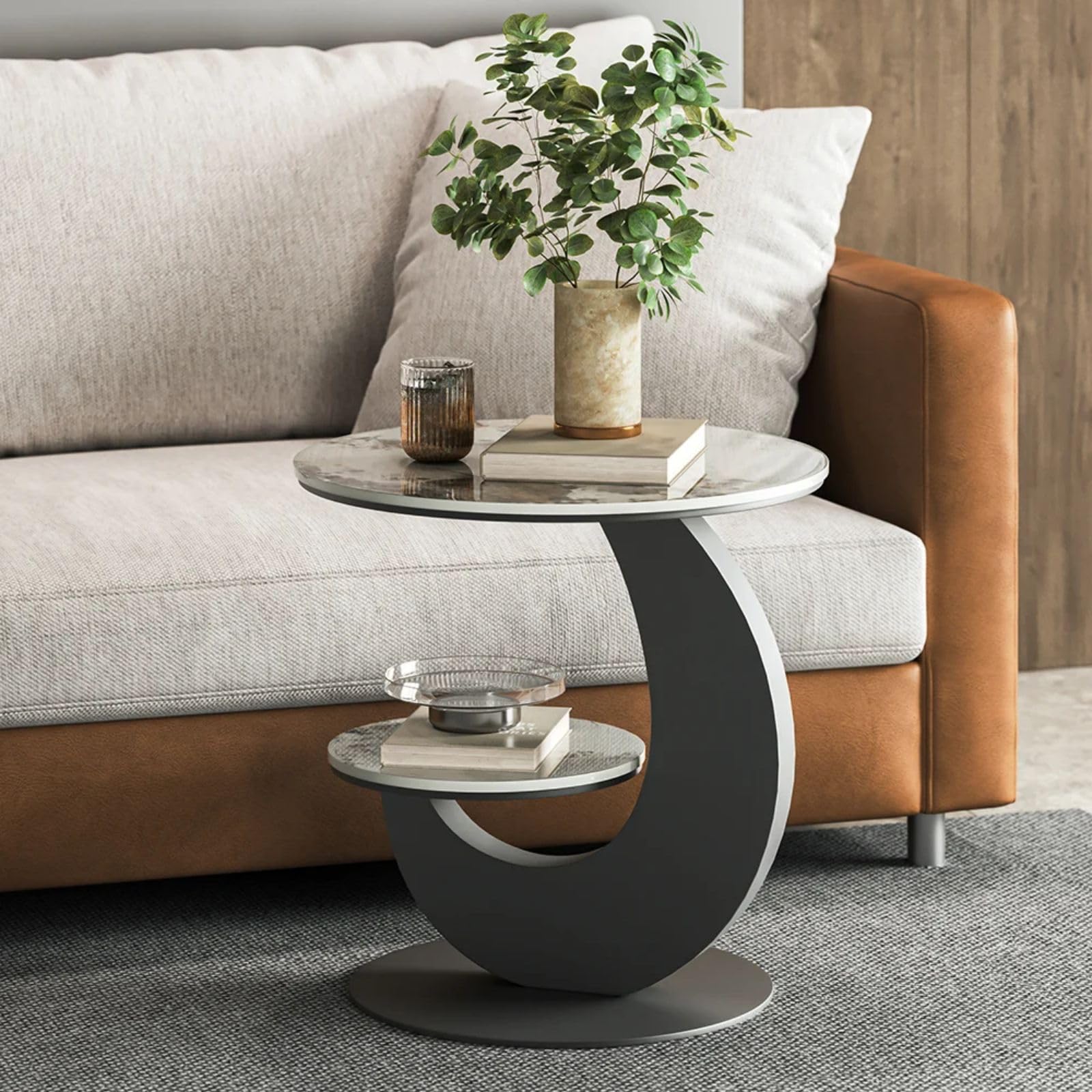 Modern Round End Table Faux Marble 2-Tier with Storage Shelf