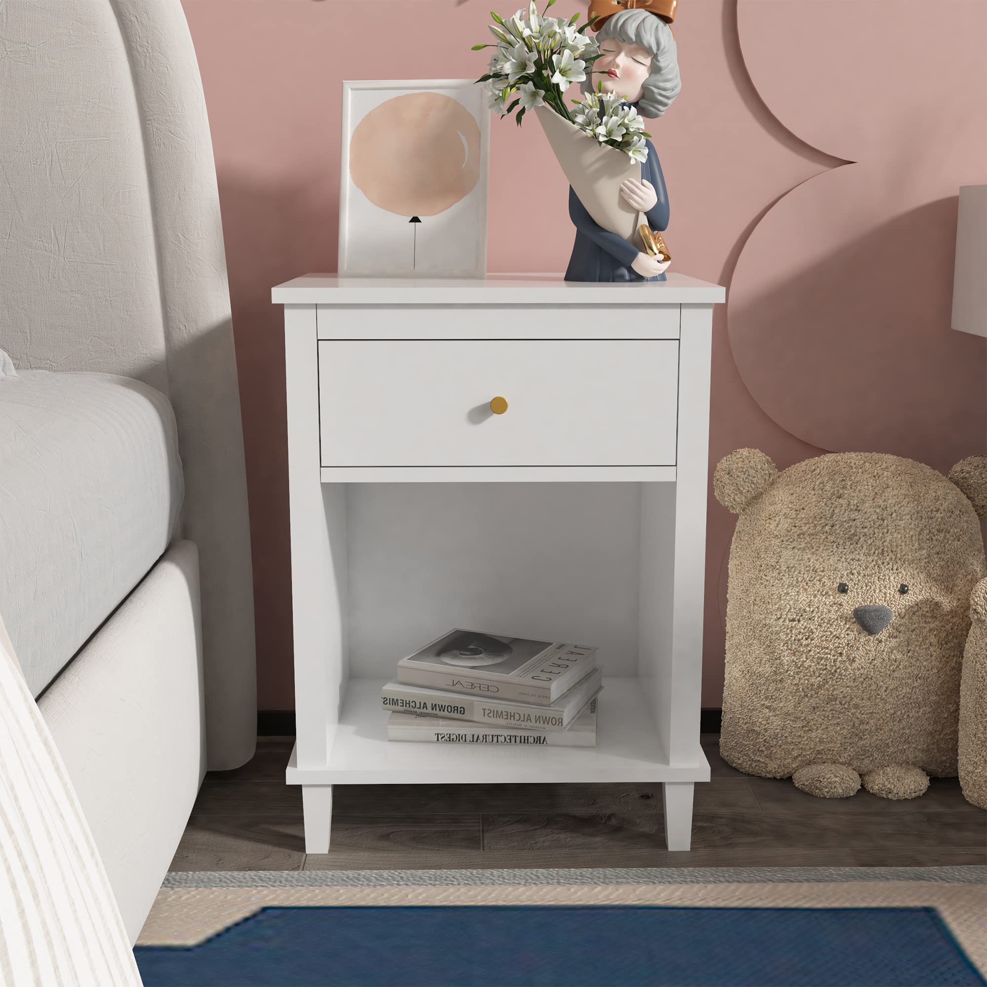 White Nightstand with Drawer and Storage Shelf