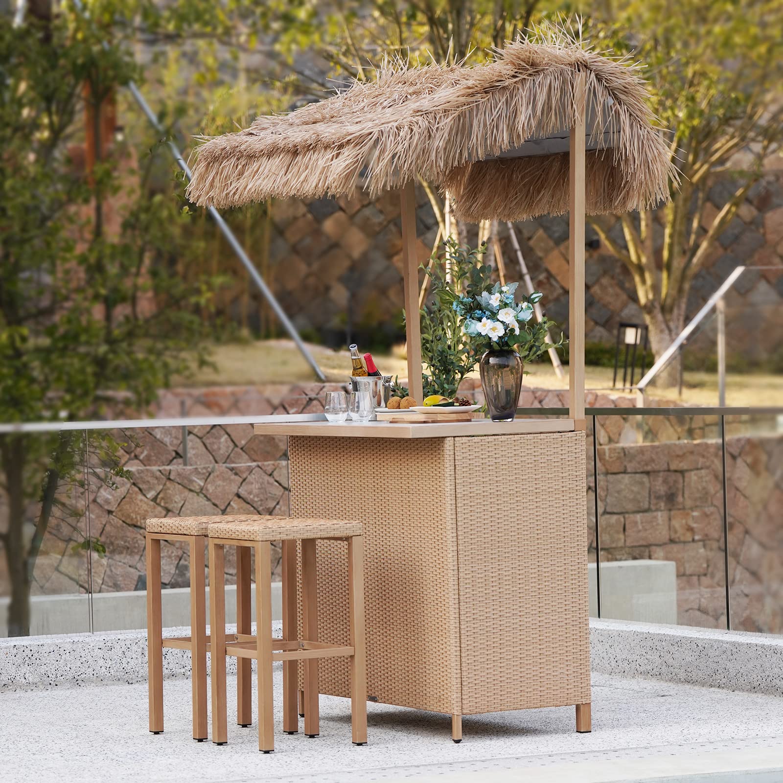 Outdoor Tiki Bar Set with 2 Stools