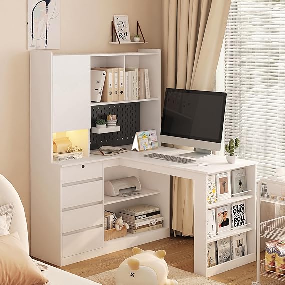 L-Shaped Home Office Desk with Hutch and LED Light
