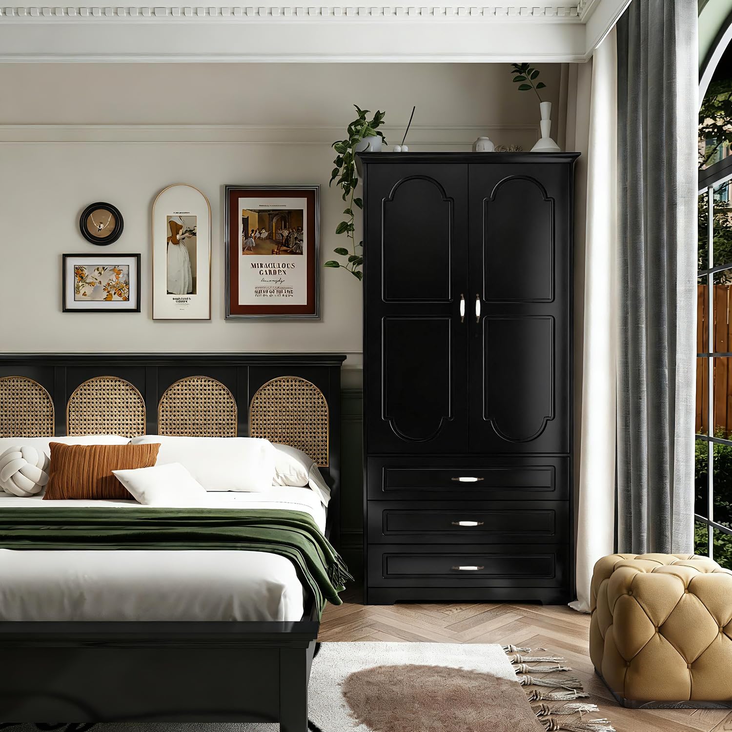 72" Wooden Armoire Wardrobe Closet with 3 Drawers and LED Light