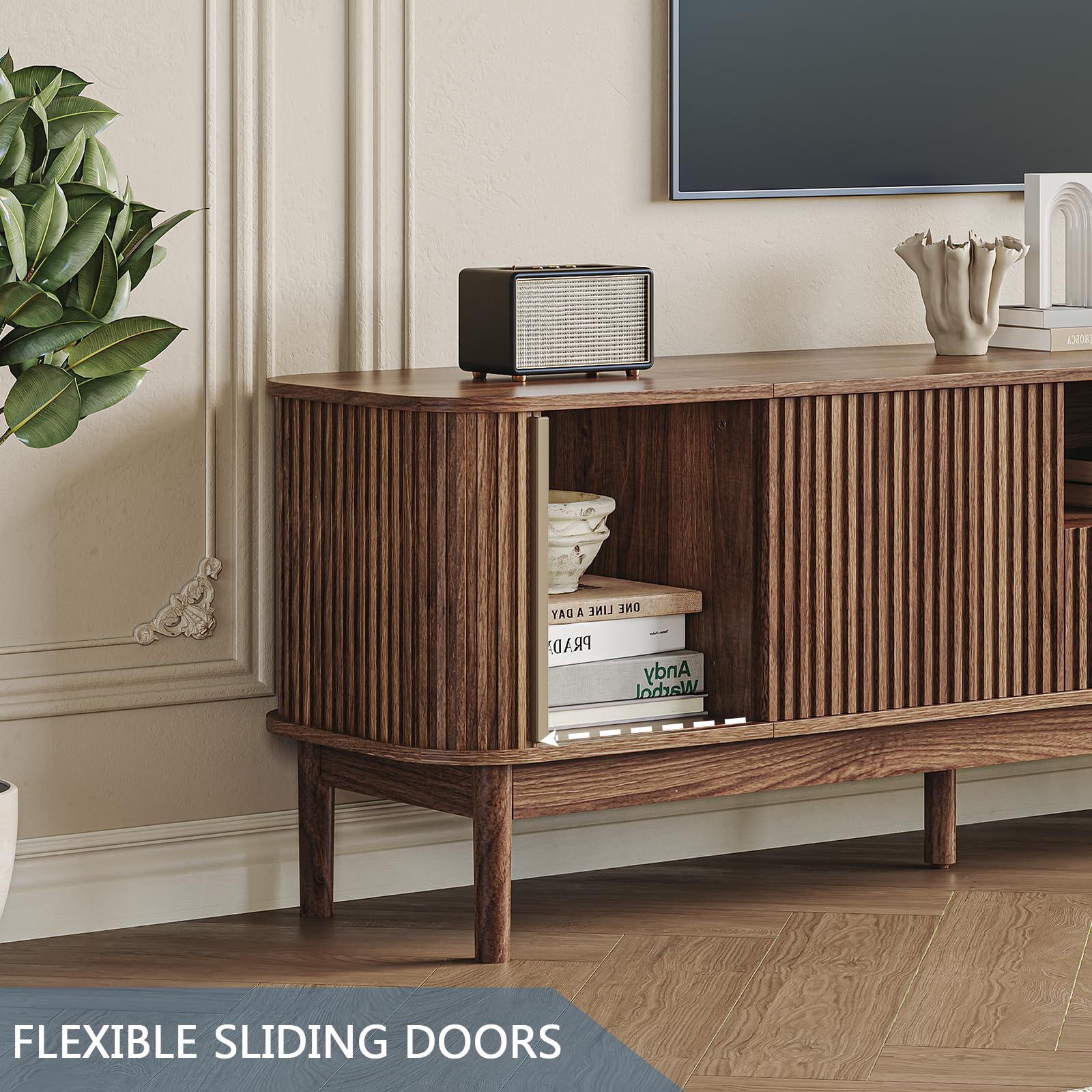 86.6" Fluted TV Stand with Storage Cabinet and Sliding Doors