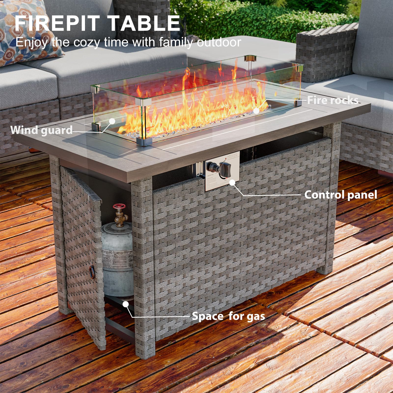 10 Piece Patio Sectional Set with Fire Pit Table