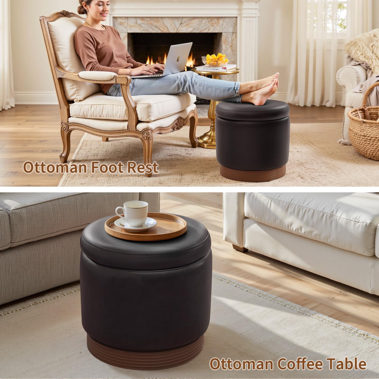 Round Storage Ottoman Dark Brown Swivel Footstool