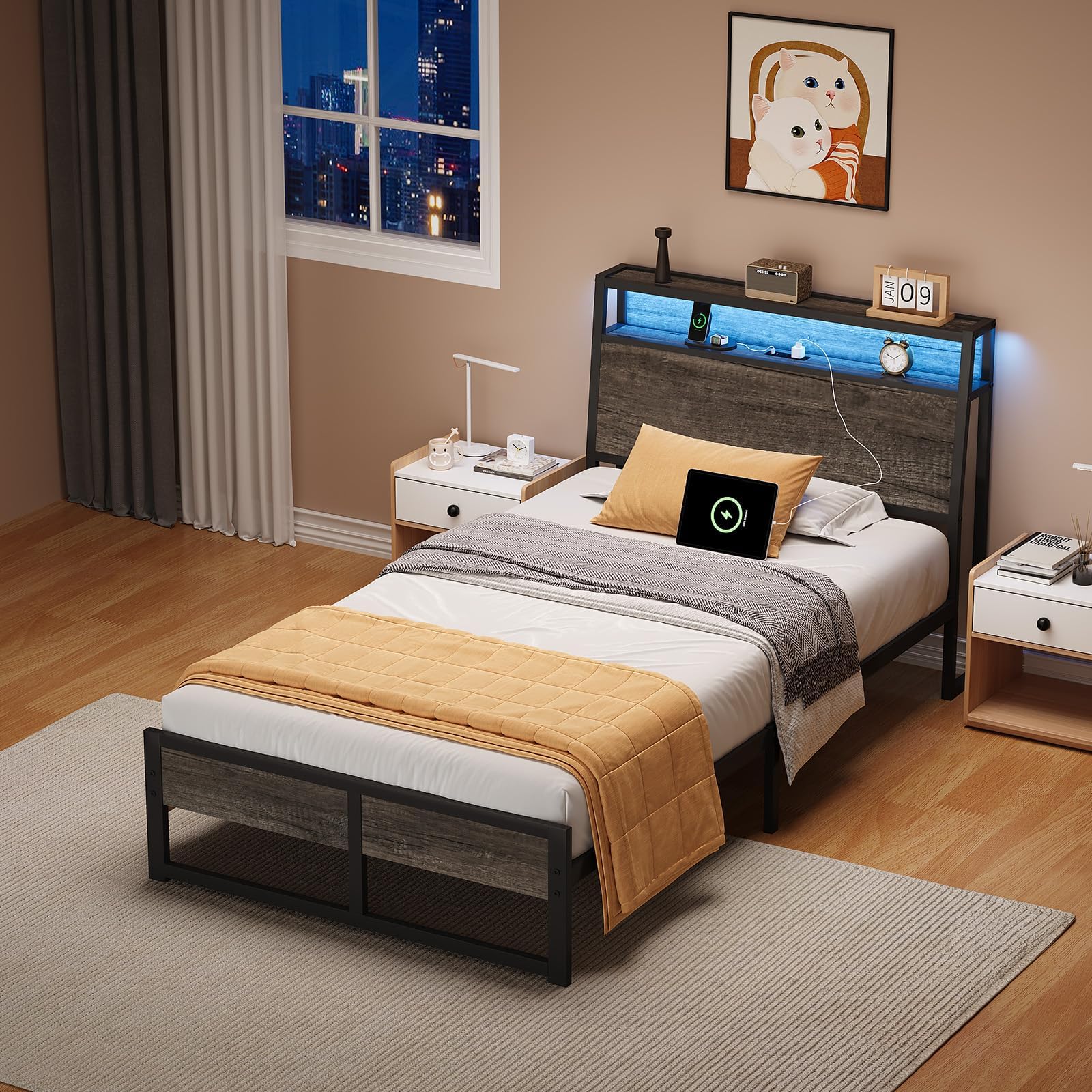 Twin Metal Bed Frame with LED Lights and Charging Station