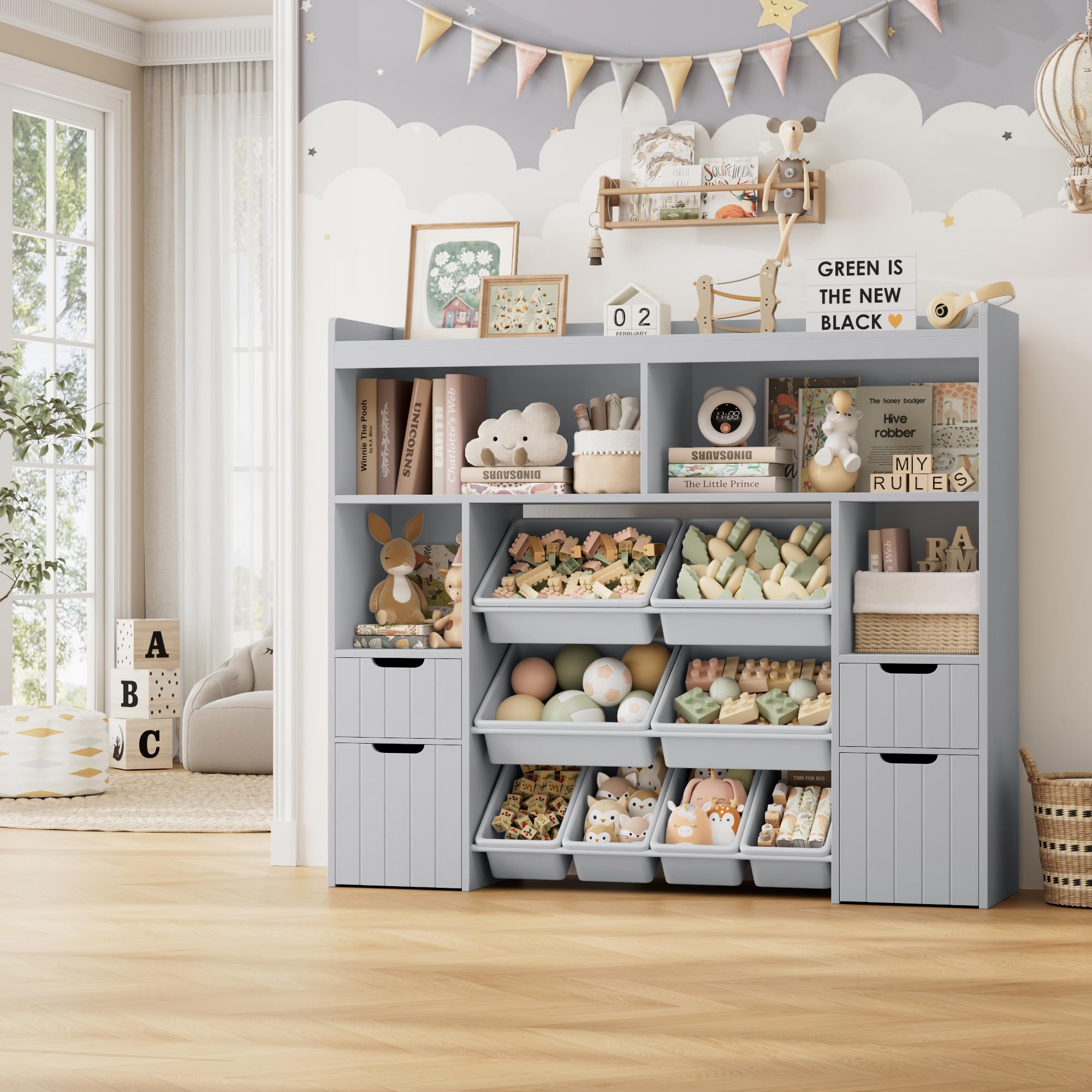 55" Toy Storage Organizer with Drawers and Removable Bins