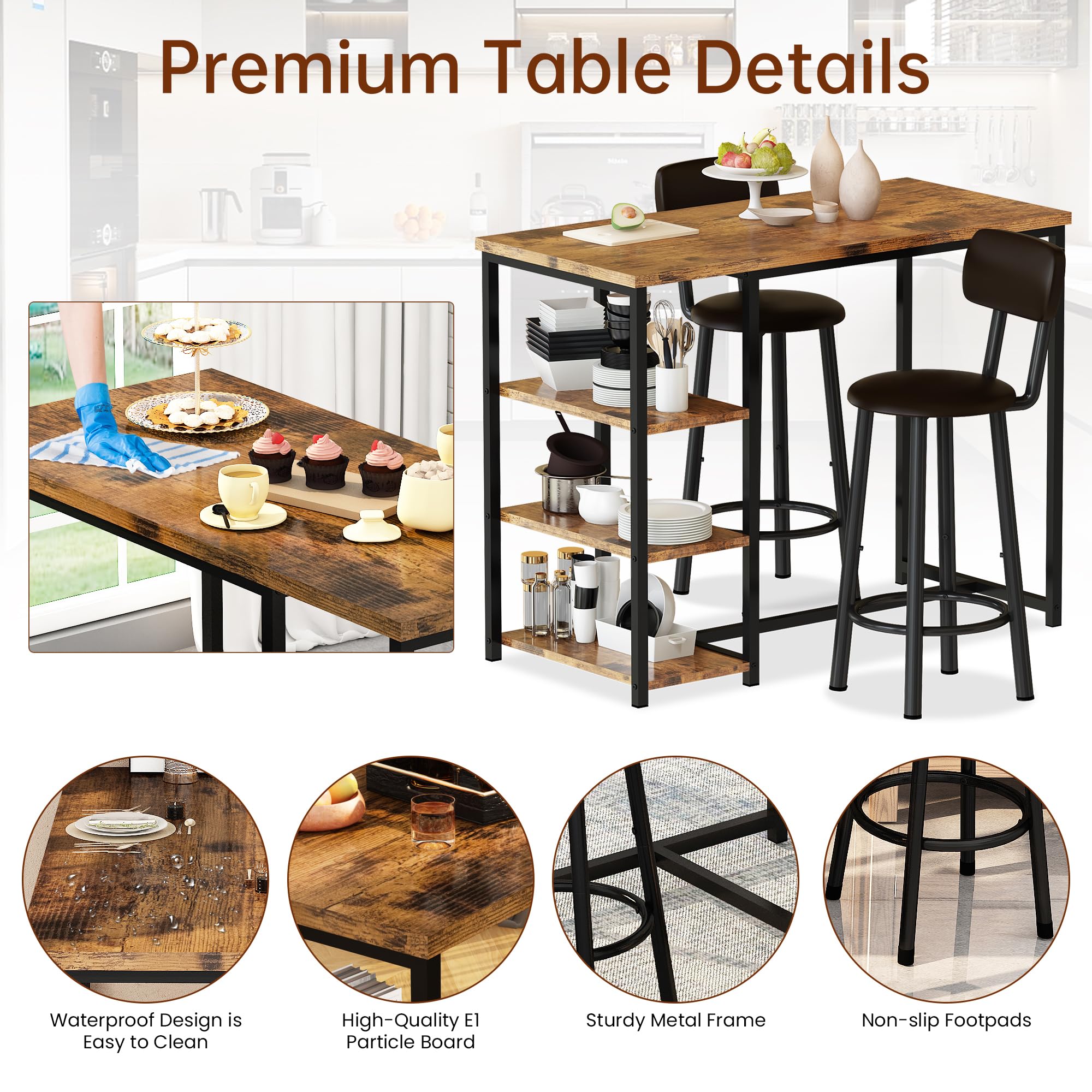 3-Piece Pub Dining Table Set with Storage