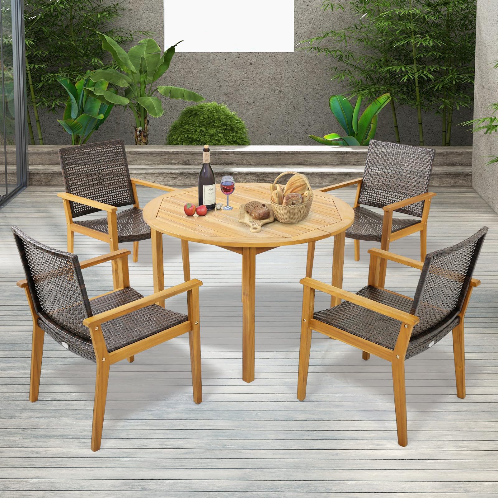 5-Piece Outdoor Patio Dining Set with Wicker Chairs