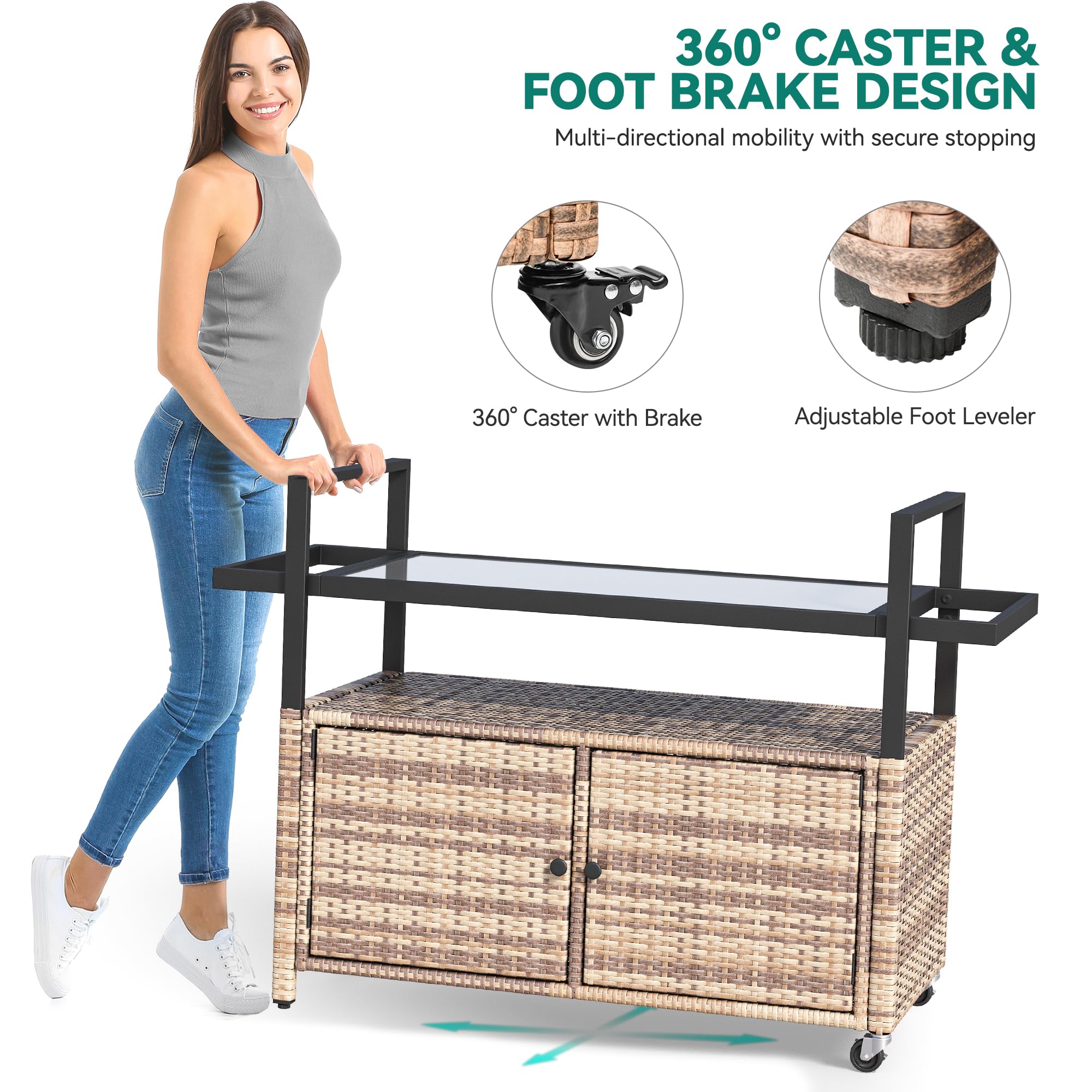Outdoor Kitchen Wicker Island Rolling Cart with Glass Top