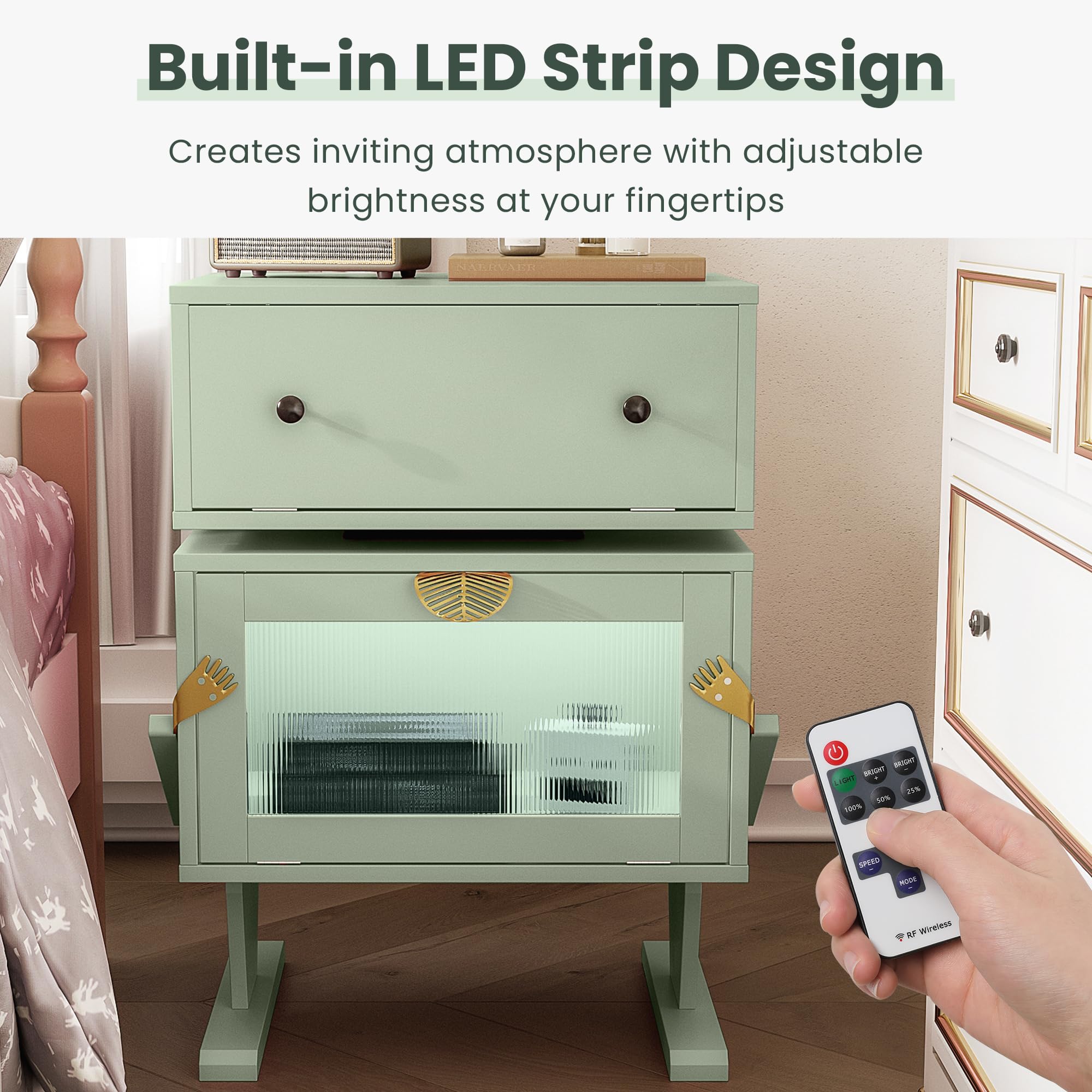 LED Nightstand with 360° Rotating Drawer