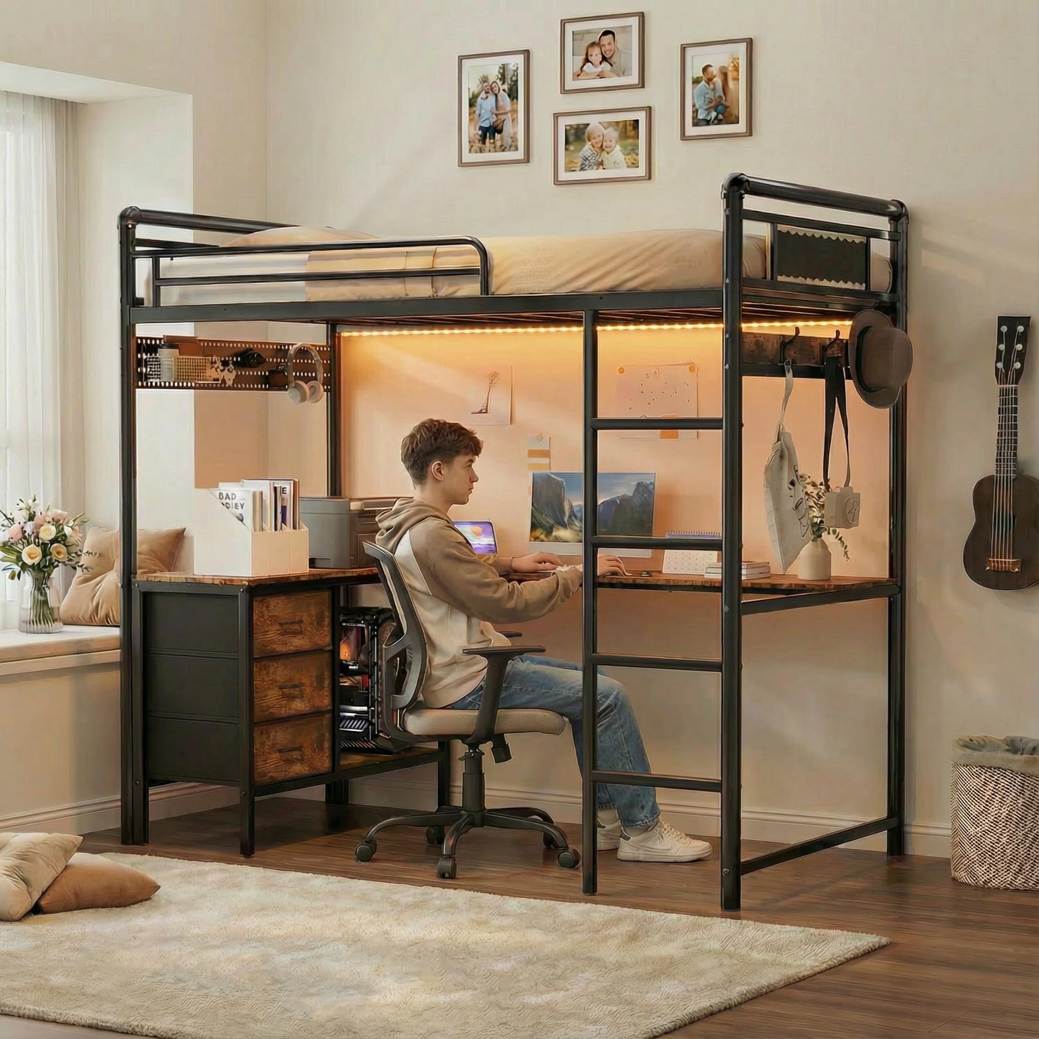 Twin Loft Bed with Desk and Stairs