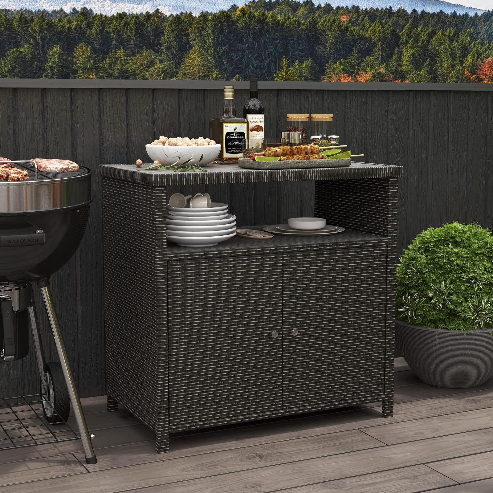 Outdoor Wicker Storage Cabinet with 2 Doors and Shelves