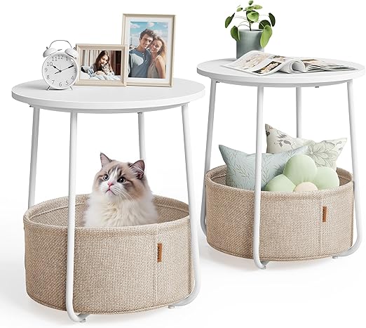 Nightstands Set of 2 Small Round Side Tables with Fabric Basket