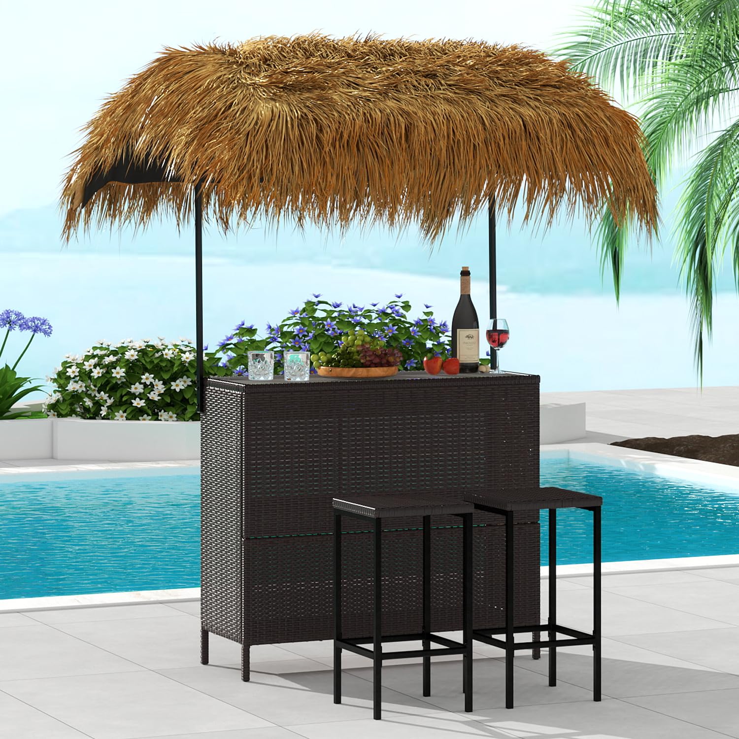Outdoor Tiki Bar Set with 2 Stools