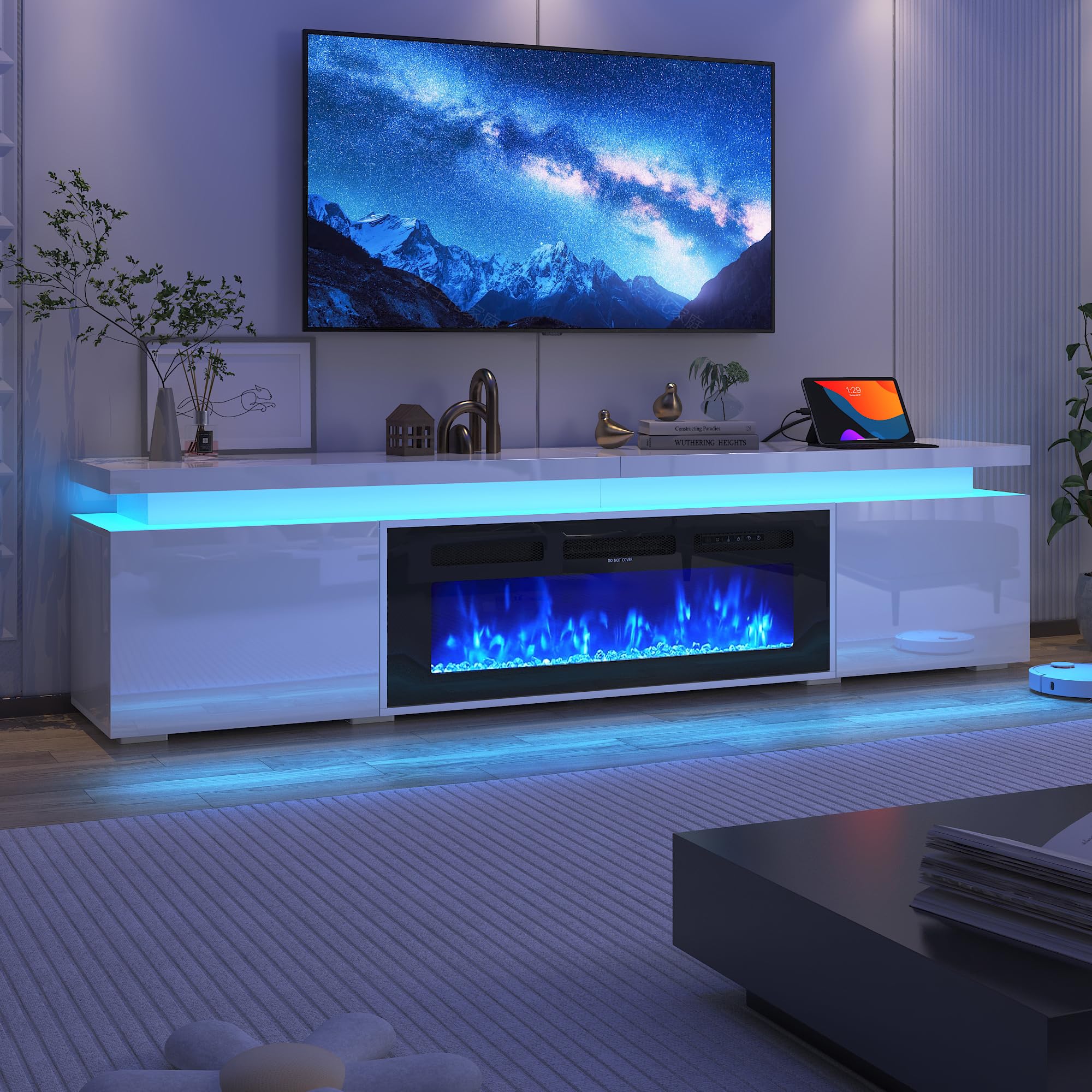 71 Inch LED TV Stand with 40 Inch Electric Fireplace and Storage