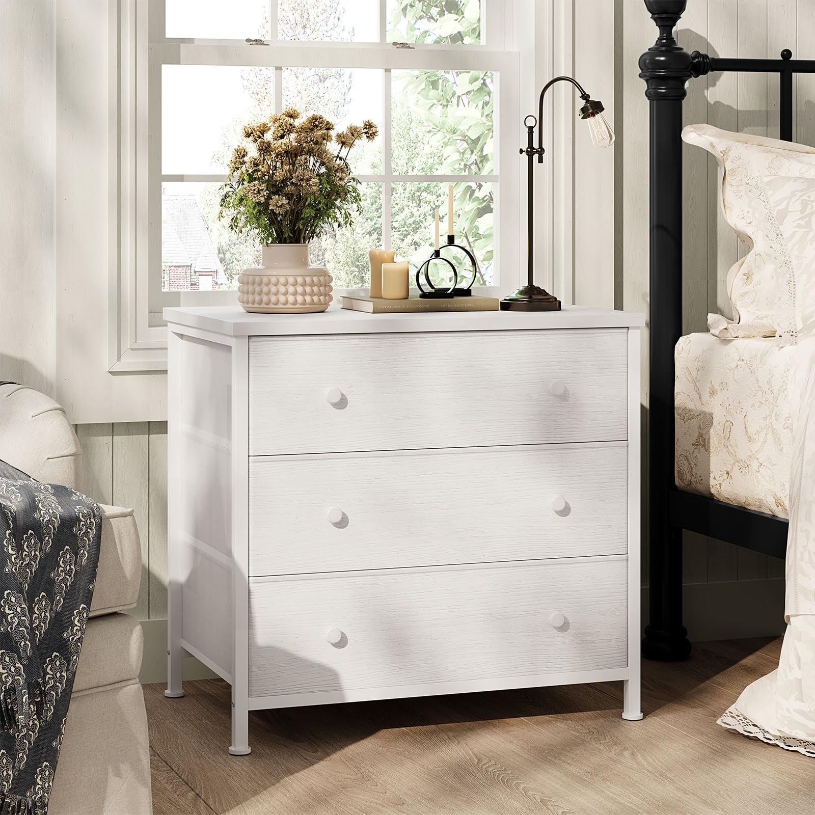White Nightstand with 3 Fabric Drawers