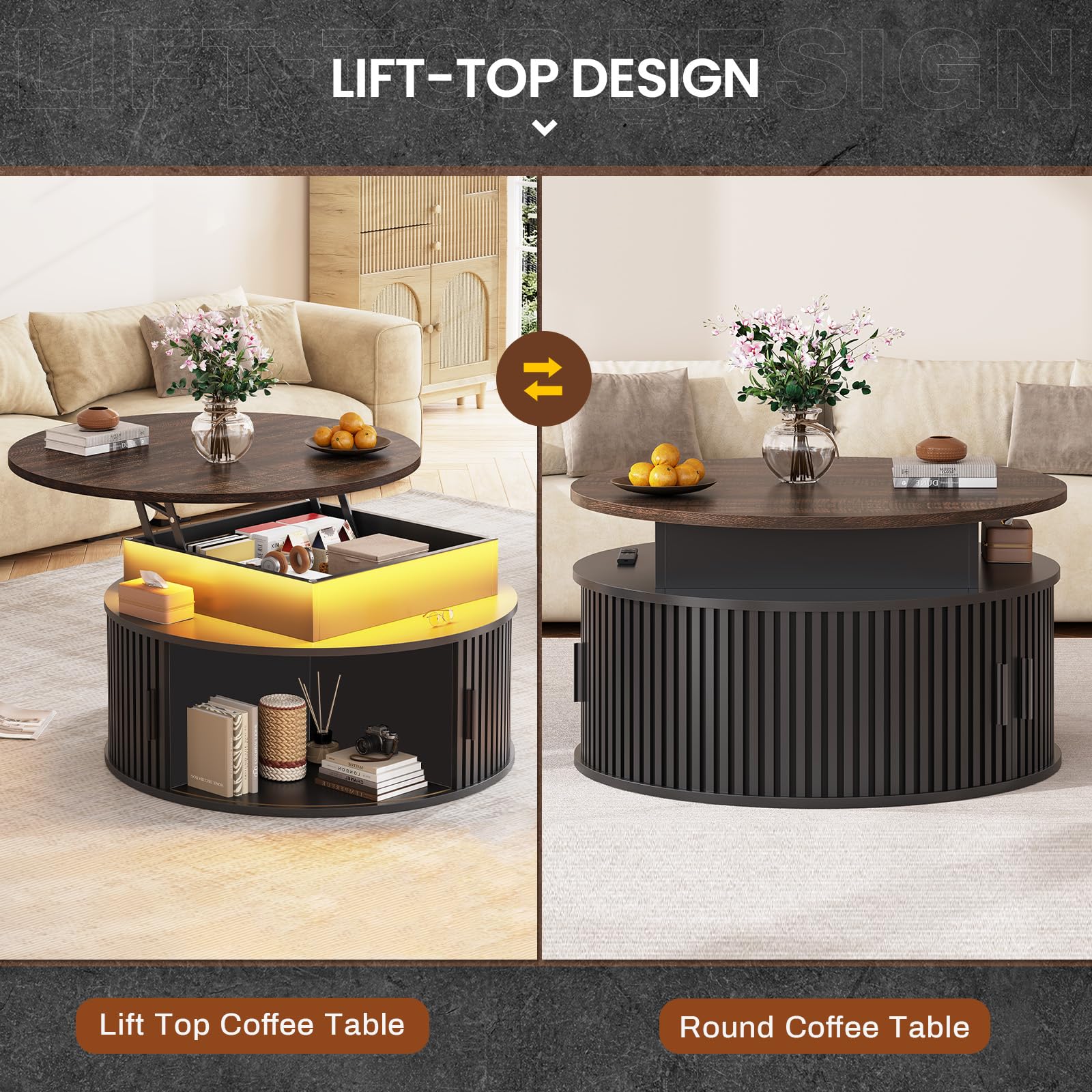 31.5" Lift Top Coffee Table with Storage and LED Lighting
