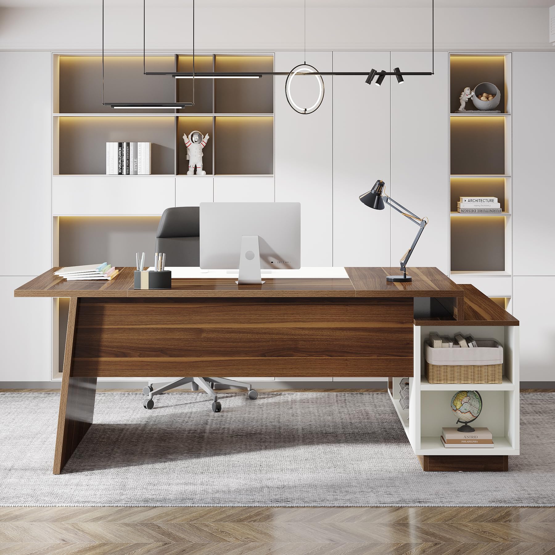 L-Shaped Executive Office Desk with Storage Cabinet and Shelves