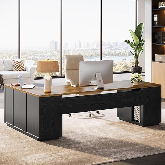 85.8-Inch L-Shaped Executive Desk with File Drawers and Storage Cabinet