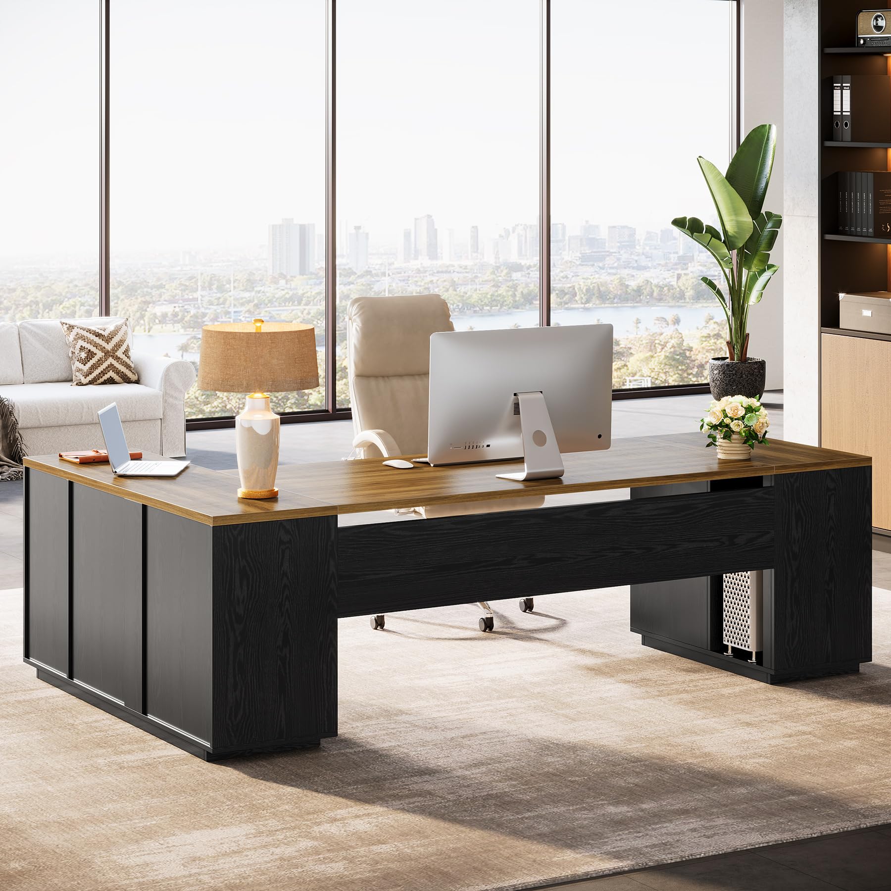85.8-Inch L-Shaped Executive Desk with File Drawers and Storage Cabinet