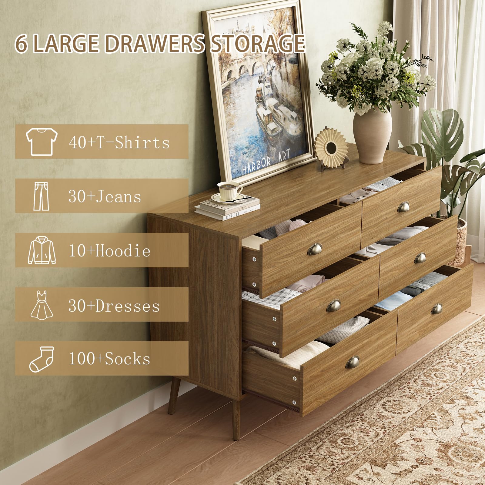 6-Drawer Mid Century Modern Dresser Oak