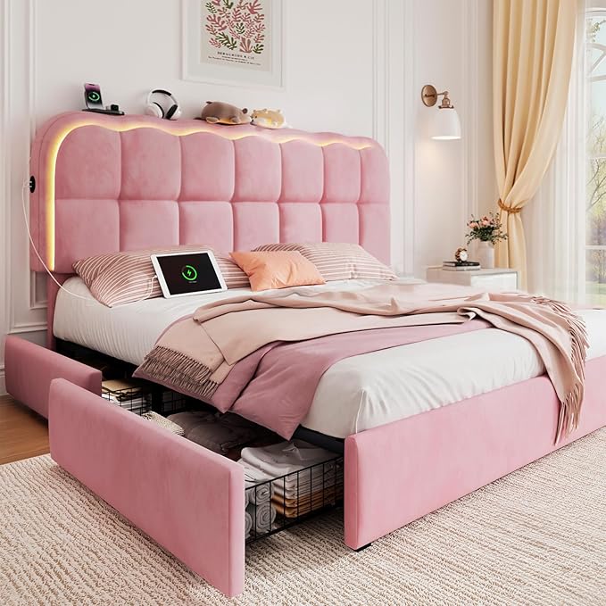 Twin Velvet Platform Bed with Storage & LED Headboard