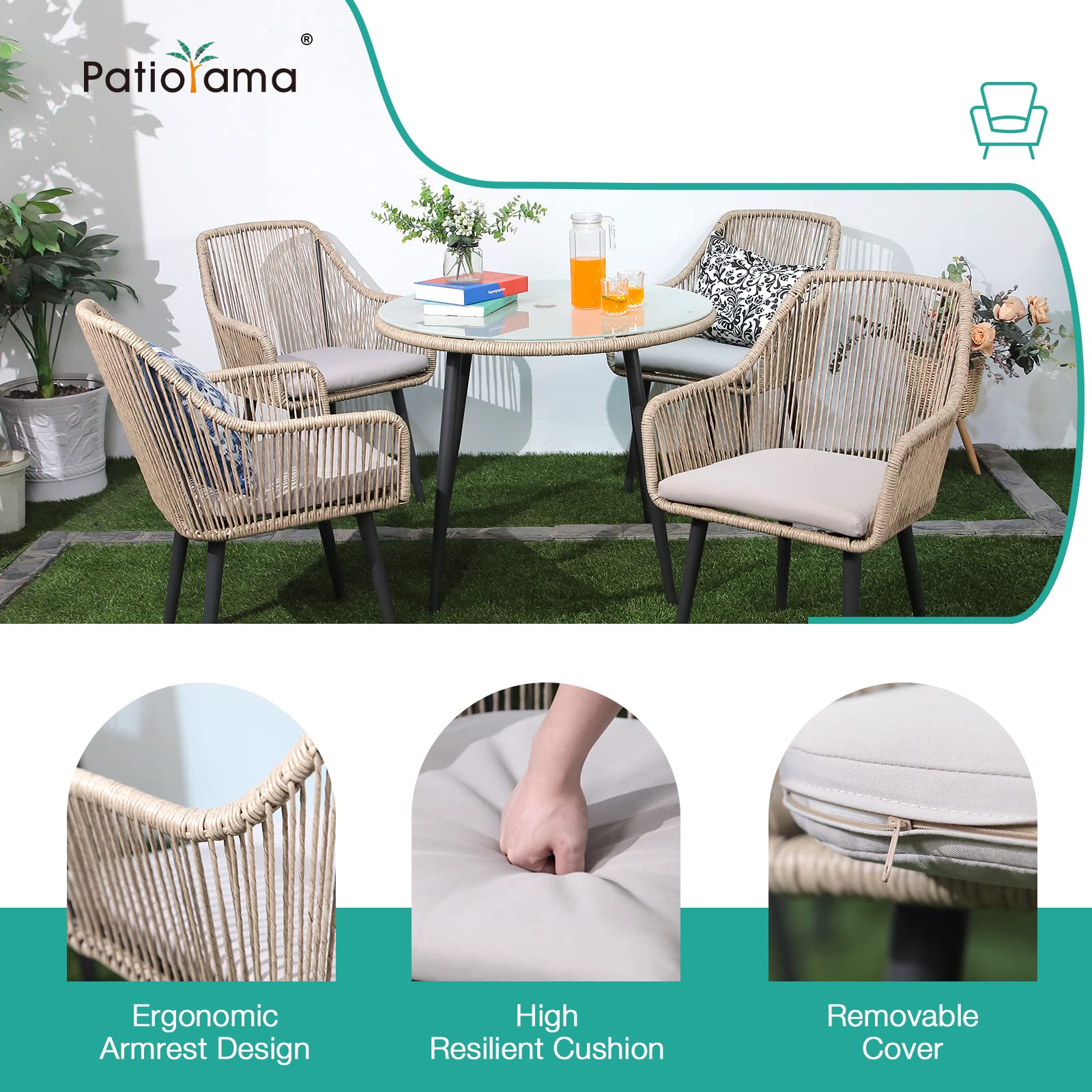 5-Piece Patio Dining Set with Umbrella Hole and Cushioned Chairs
