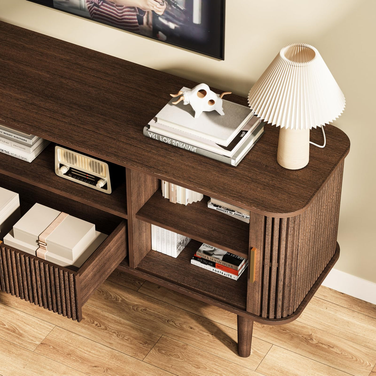 Fluted TV Stand 55 Inch Mid Century Modern Media Console