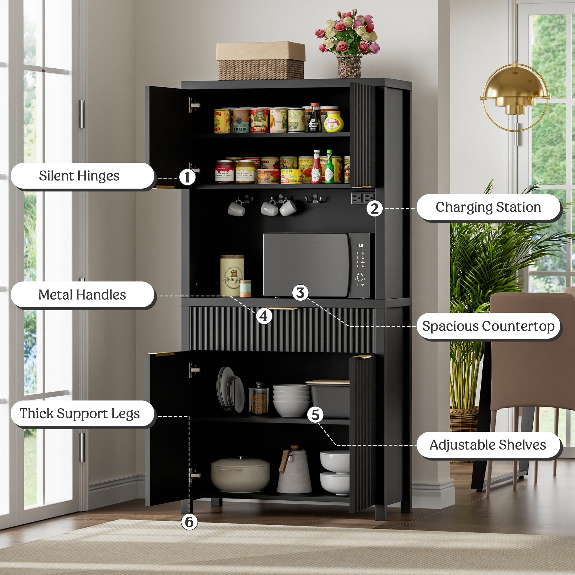 71" Fluted Pantry Cabinet with Charging Station