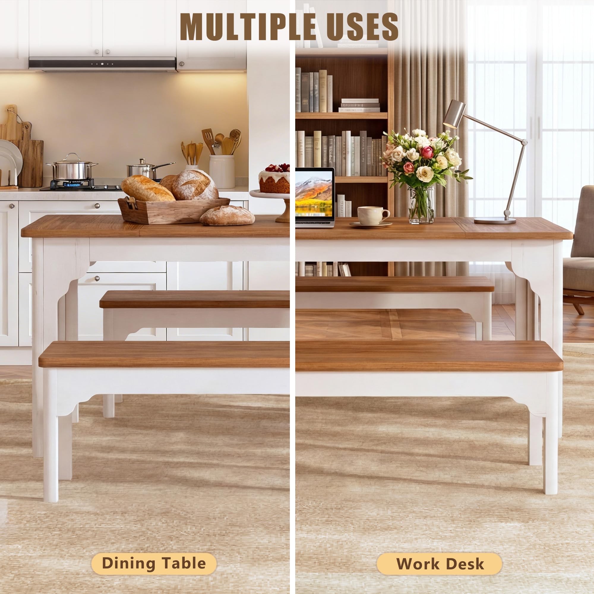 Farmhouse Dining Table Set with 2 Benches
