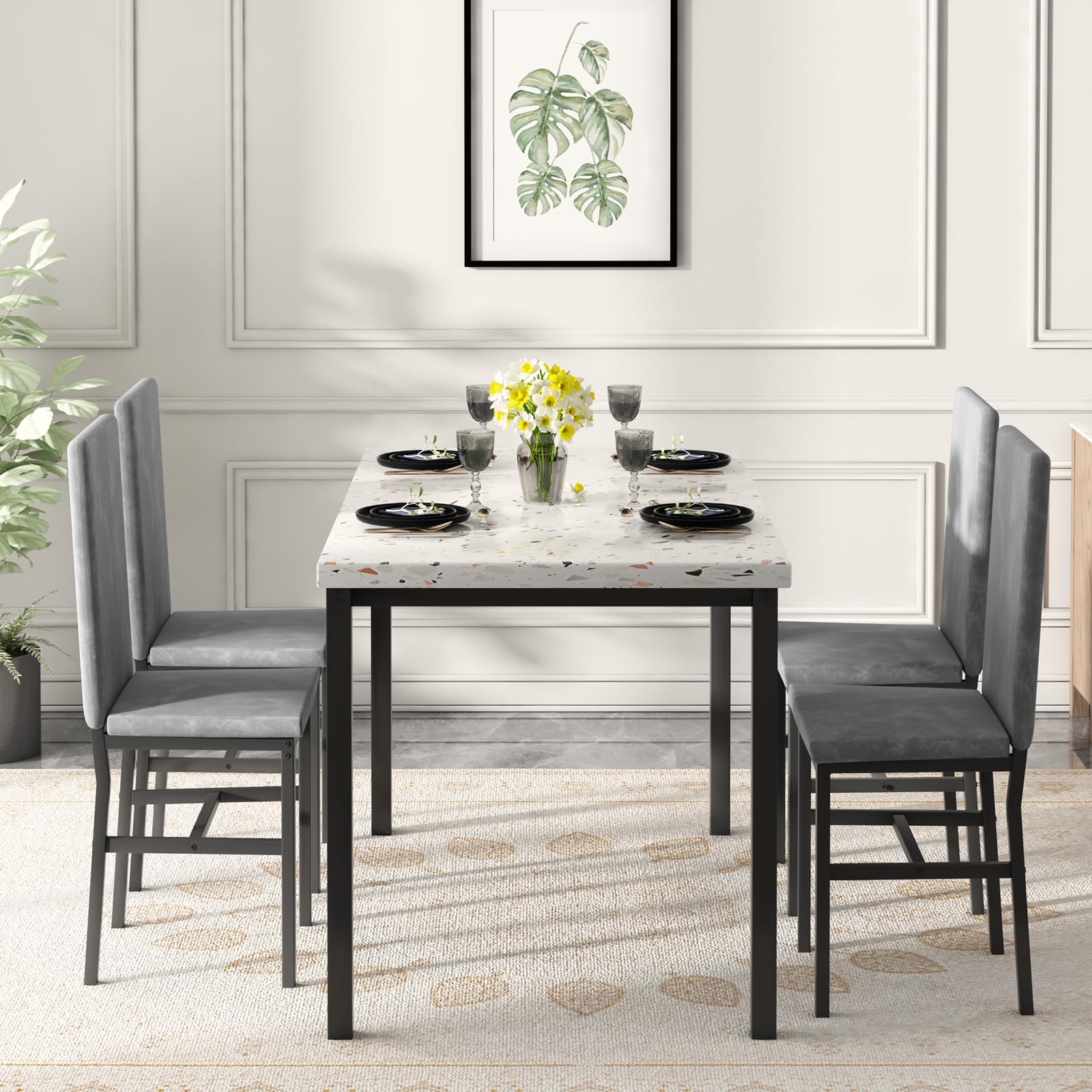 5-Piece Dining Table Set with Upholstered Chairs