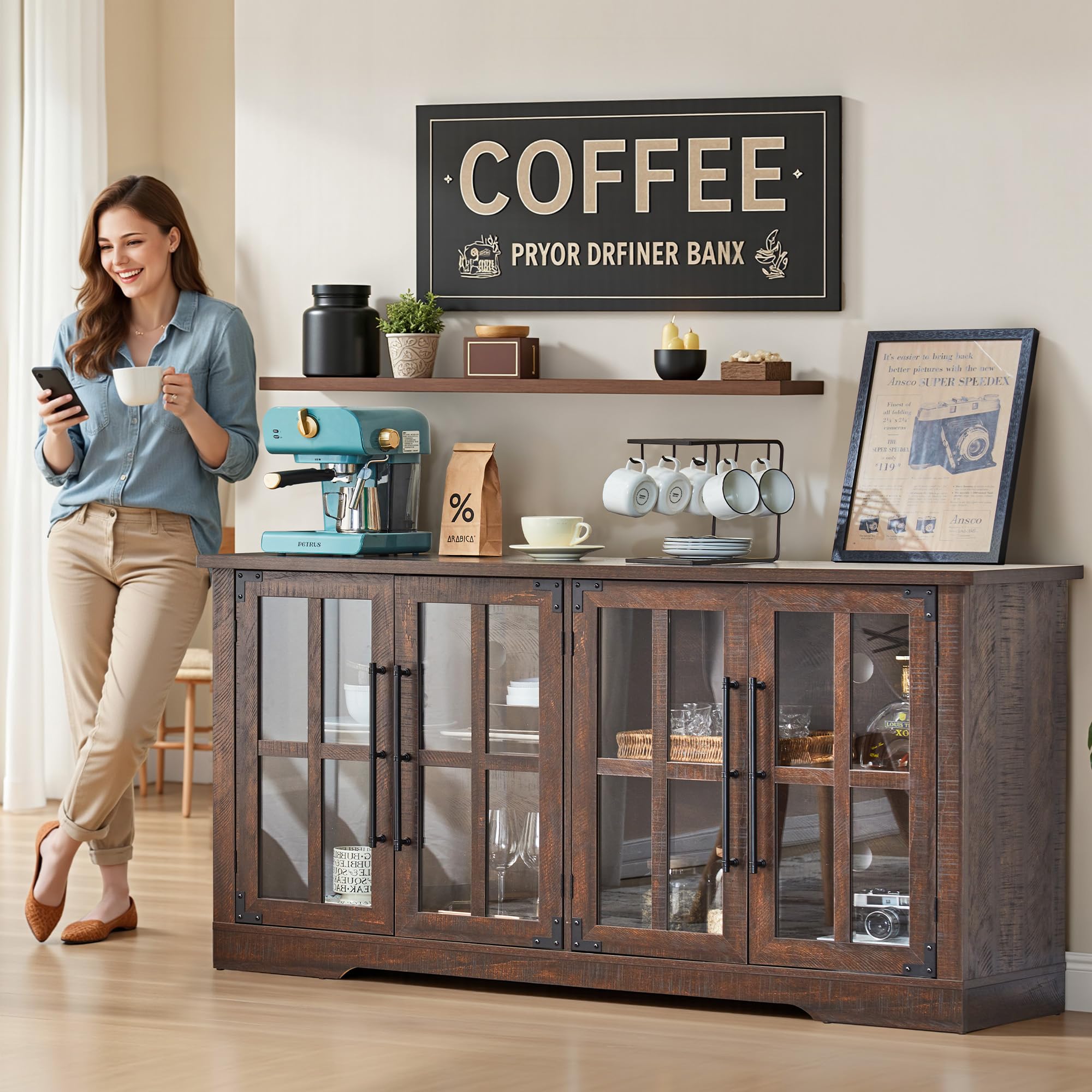63" Farmhouse Buffet Sideboard Cabinet with Glass Door