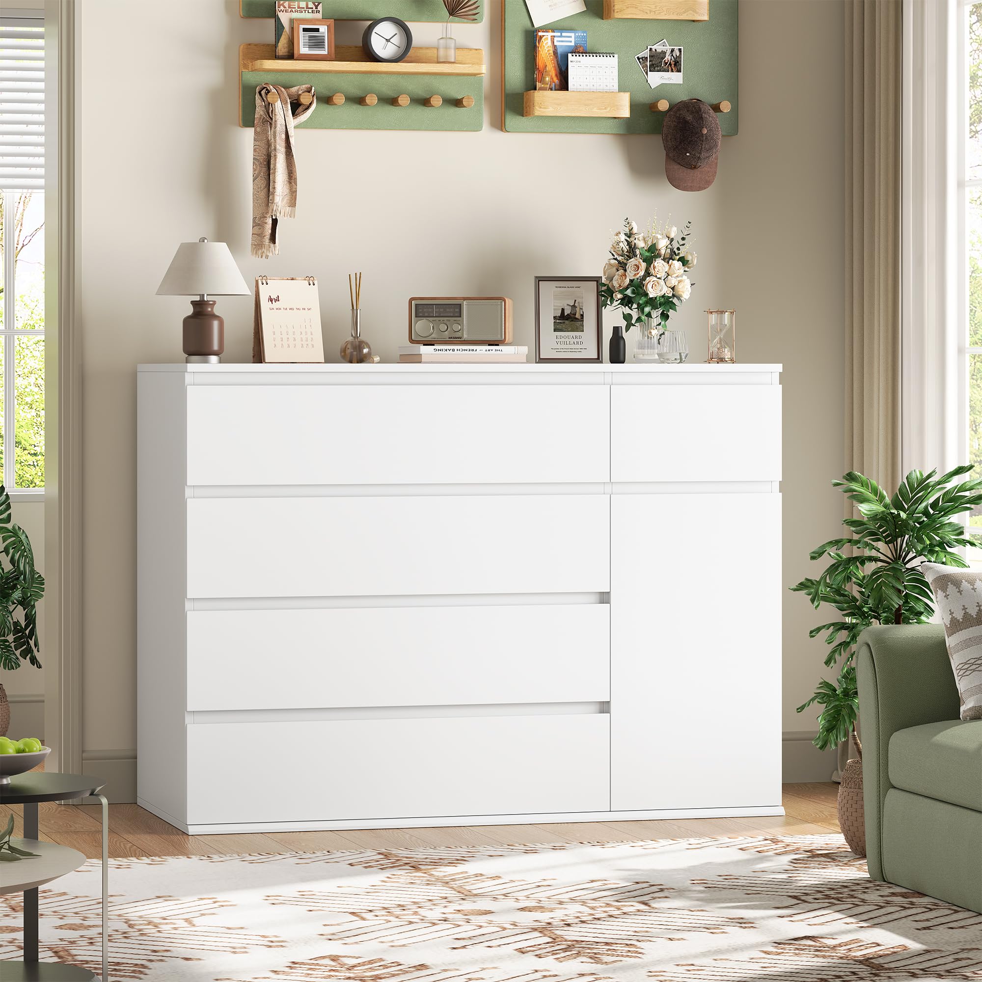White Dresser with Deep Drawers and Door Storage
