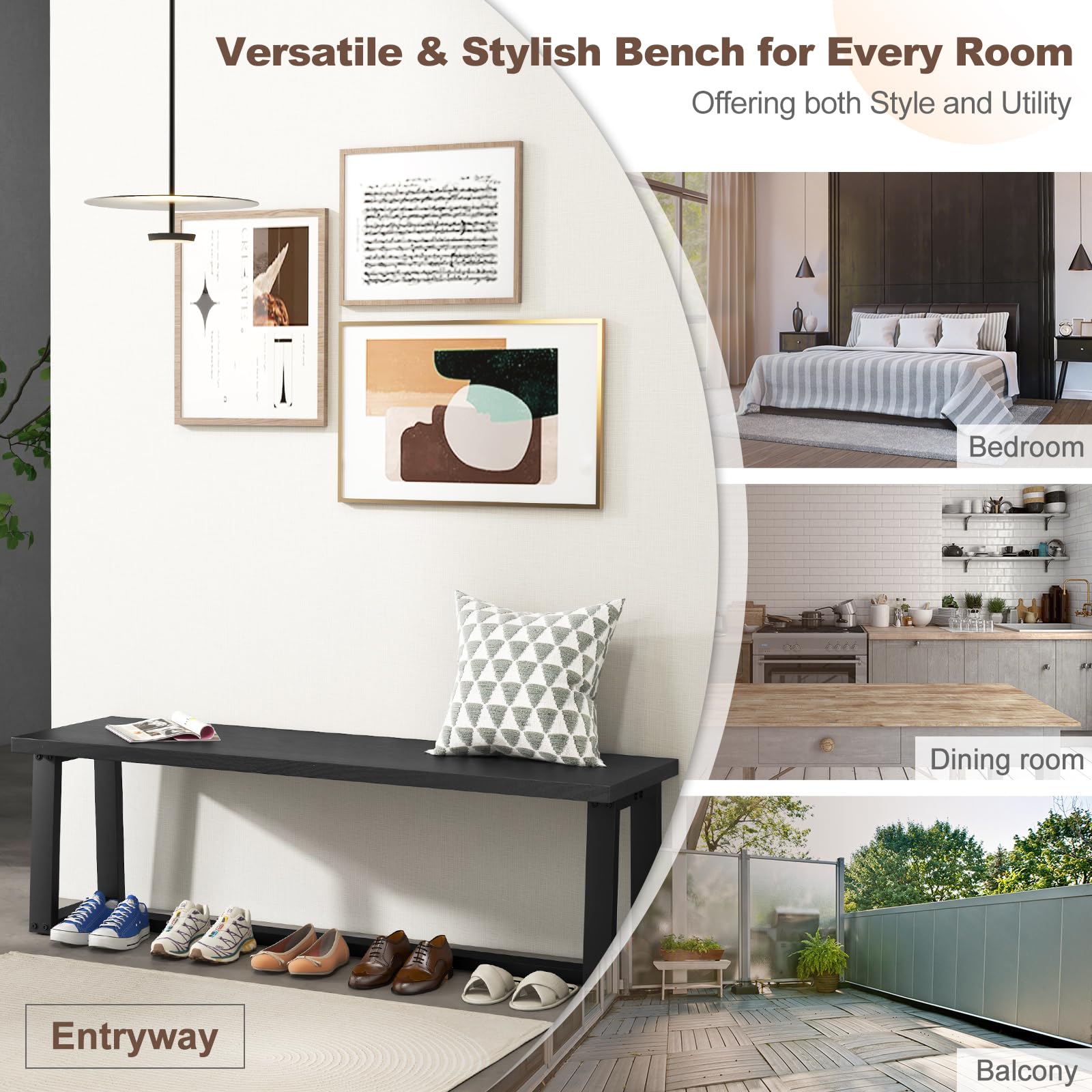 56.5" Wood Dining Bench with Metal Frame