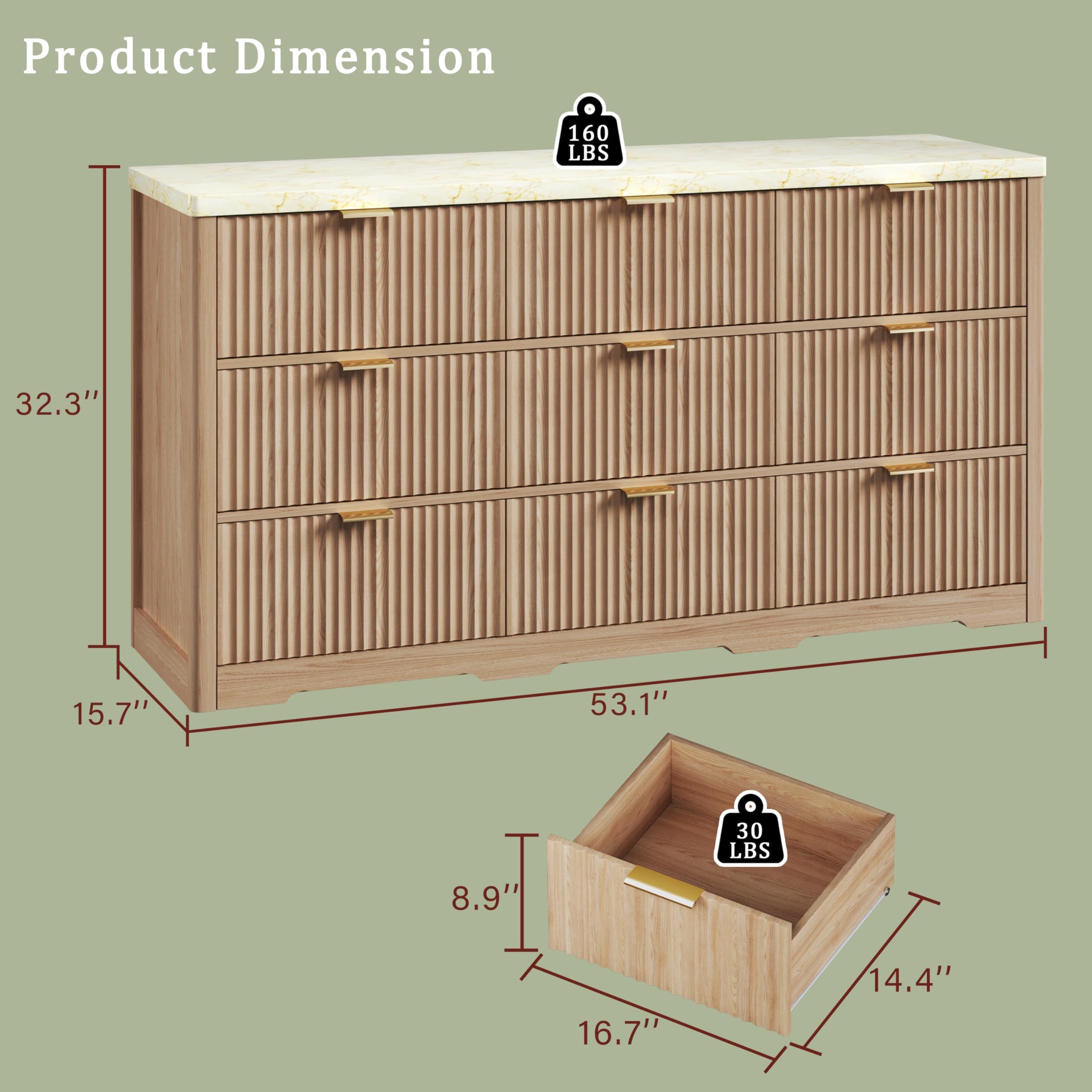 9 Drawer Fluted Dresser with Faux Marble Top