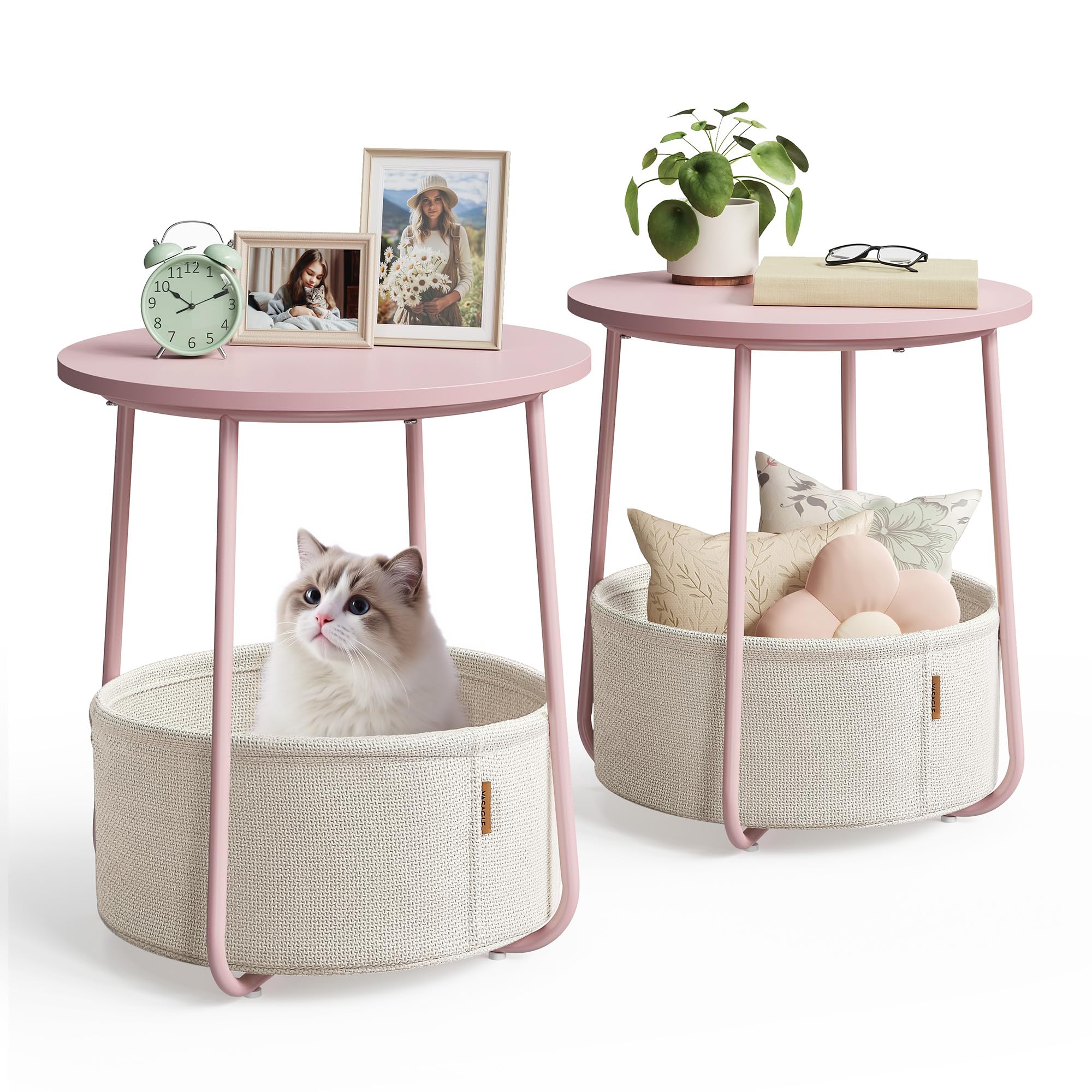 Nightstands Set of 2 Small Round Side Tables with Fabric Basket