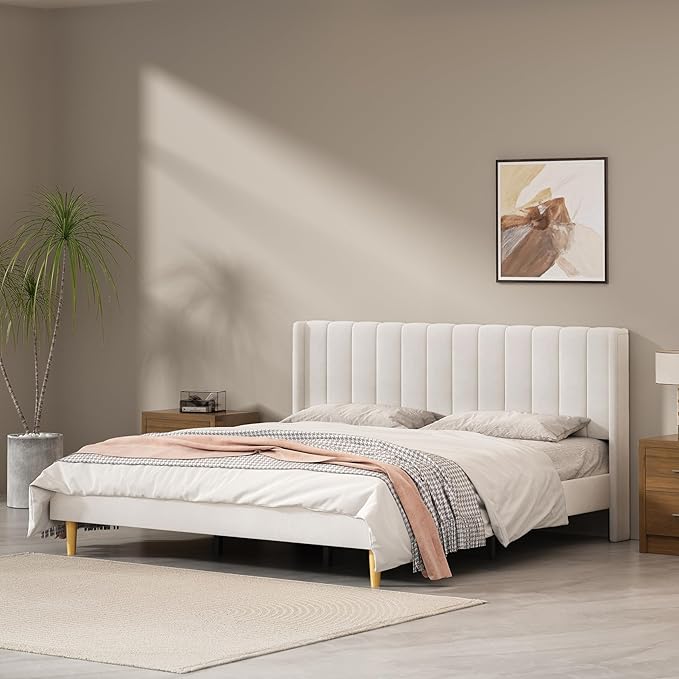 Pink Full Size Upholstered Platform Bed Frame with Wingback Headboard