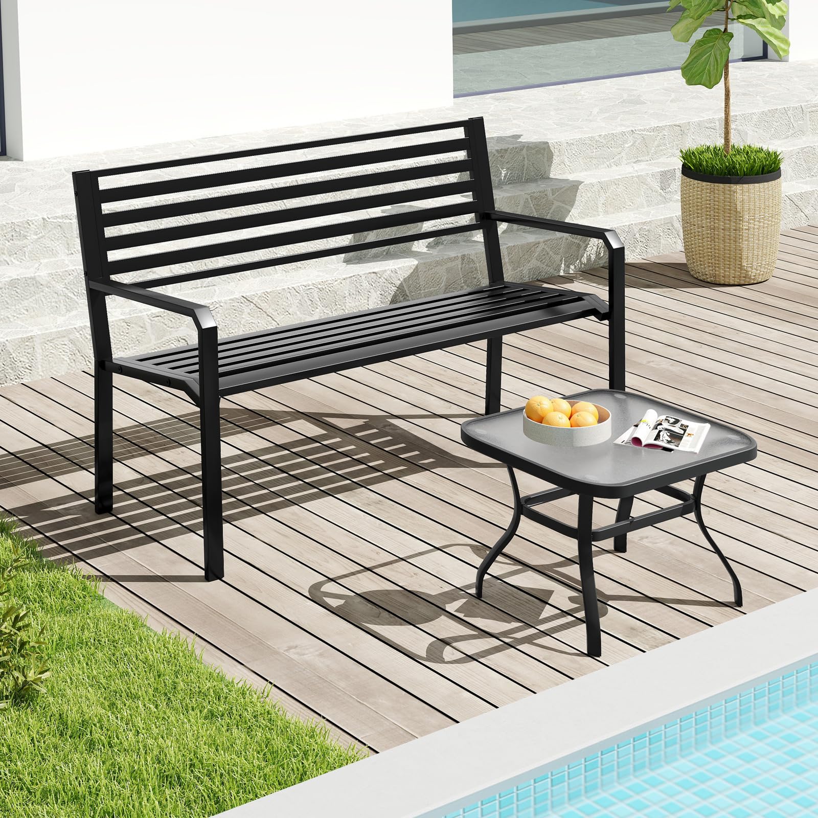 50" Outdoor Metal Park Bench with Armrests and Backrest